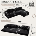 110'' Boneless Couch, Modern Corduroy Couch, Convertible Sleeper Sofa Bed Full, Right L-Shaped Floor Sofa, 8 Pillows, 2 Movable Pockets, Sectional Couches for Living Room, Apartment, Black