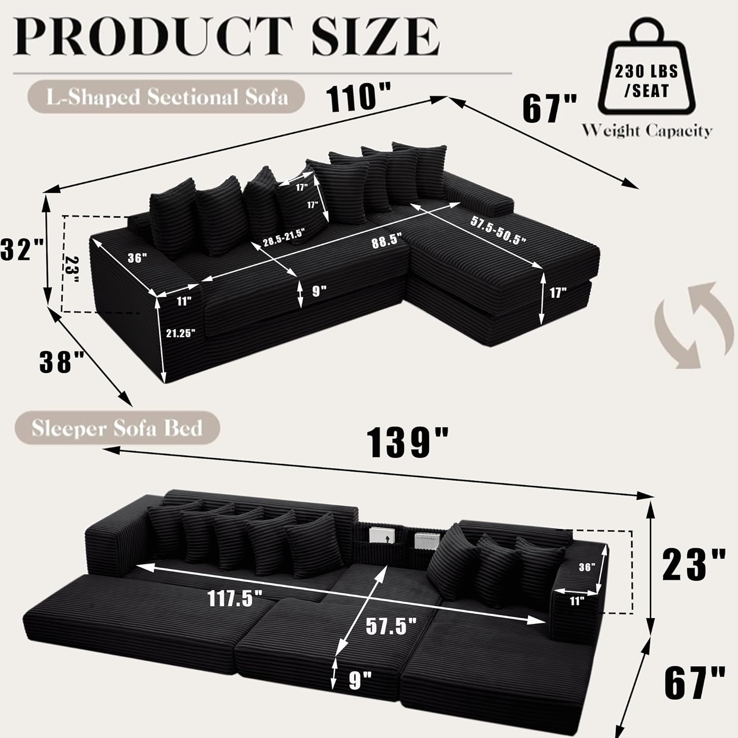 110'' Boneless Couch, Modern Corduroy Couch, Convertible Sleeper Sofa Bed Full, Right L-Shaped Floor Sofa, 8 Pillows, 2 Movable Pockets, Sectional Couches for Living Room, Apartment, Black
