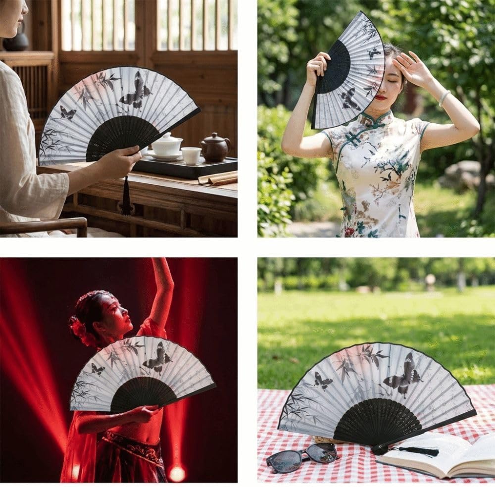 Chinese Style Antique Silk Folding Hand Fan, Elegant Dance Fan Art Crafts with Tassel Handheld Dance Fan Dance Props ﻿