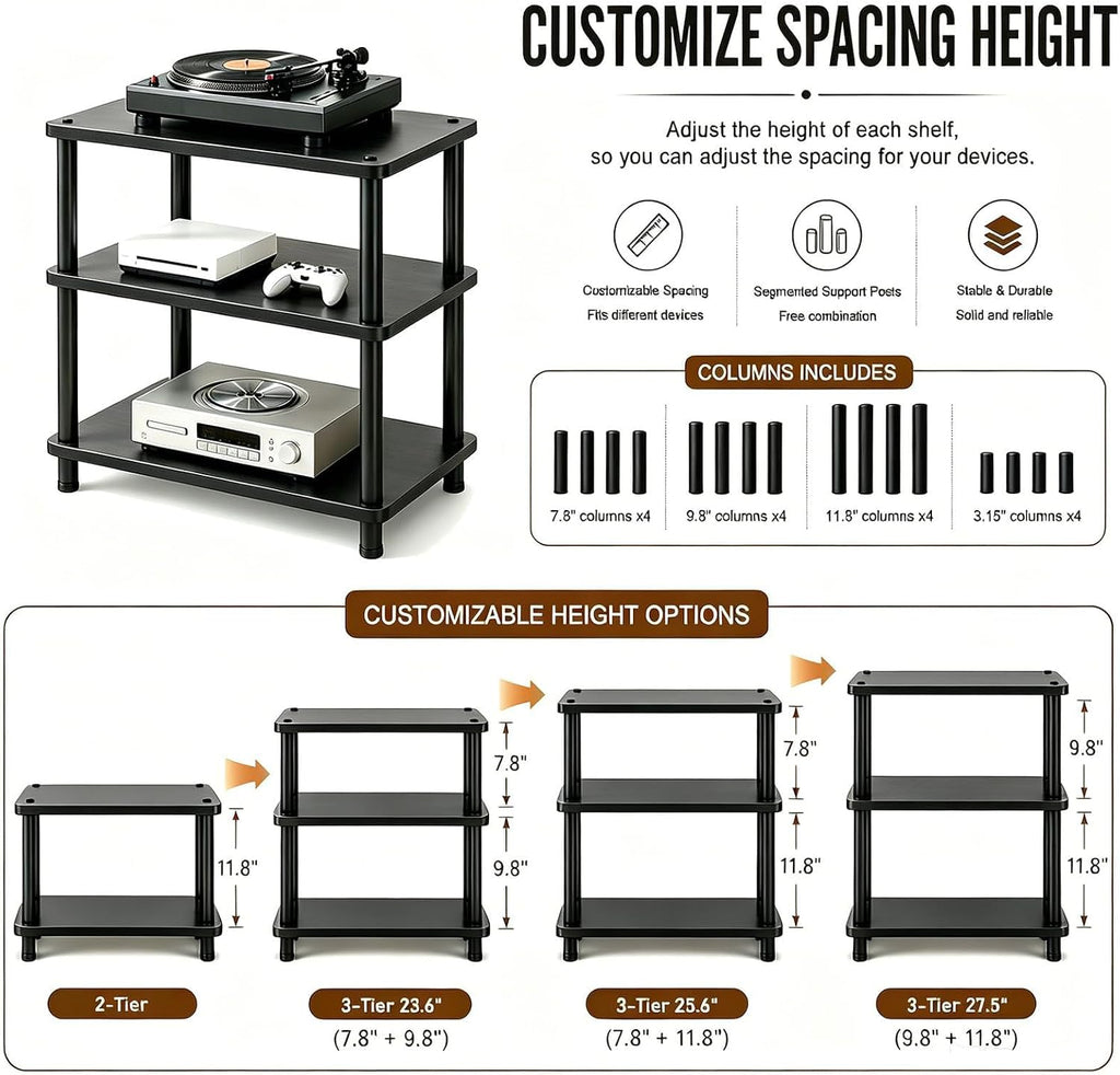 Heavy Duty Audio Component Rack, 4-Tier Height Adjustable AV Equipment Media Stand, Stereo CD Record Player Stand, with Shock-Absorbing Feet & Lockable Wheels | 220lbs Capacity(Black,3 tier)
