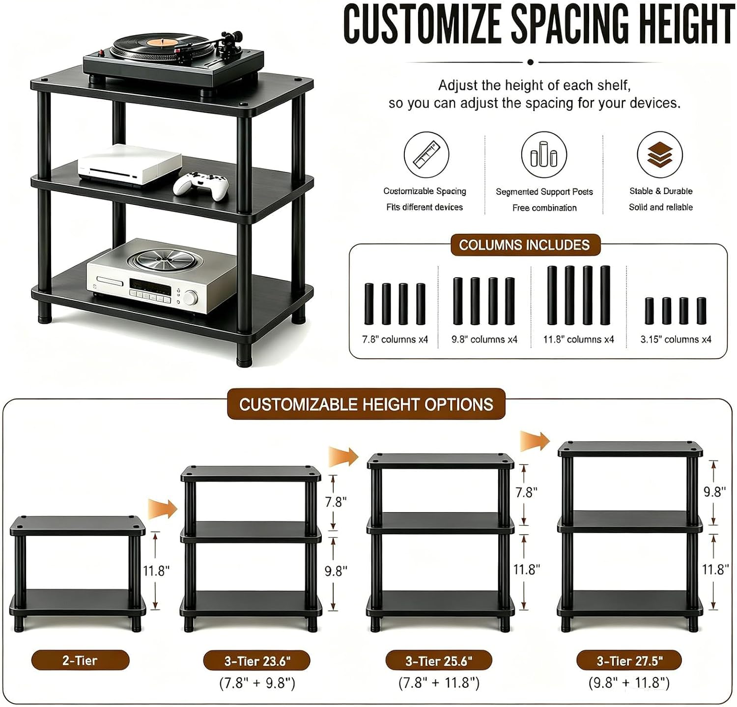 Heavy Duty Audio Component Rack, 4-Tier Height Adjustable AV Equipment Media Stand, Stereo CD Record Player Stand, with Shock-Absorbing Feet & Lockable Wheels | 220lbs Capacity(Black,3 tier)