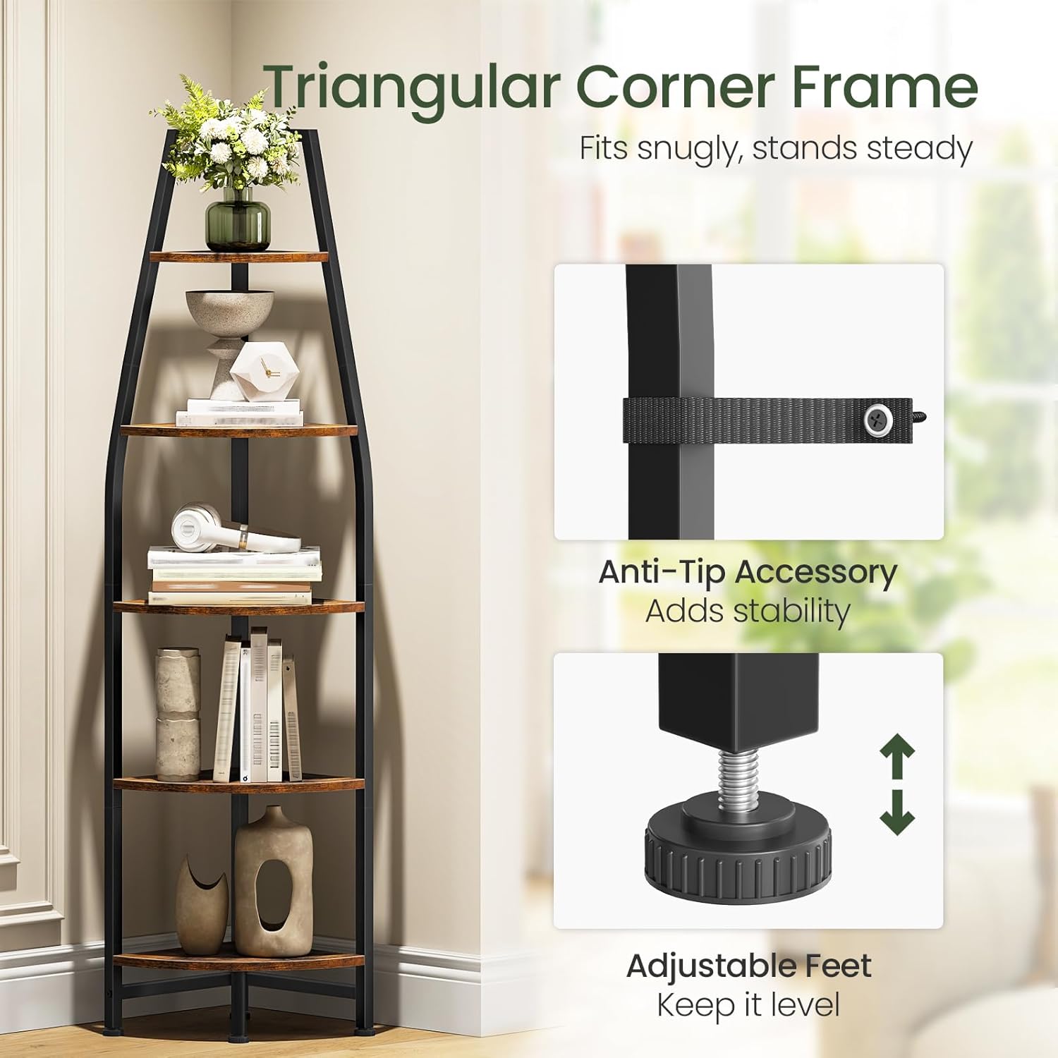 CHOEZON Corner Shelf with Lights, Corner Bookshelf with Metal Frame, 5-Tier Tall Ladder Shelf, Storage Rack for Home Office, Bedroom, Living Room, Rustic Brown and Black TCJ71DBF