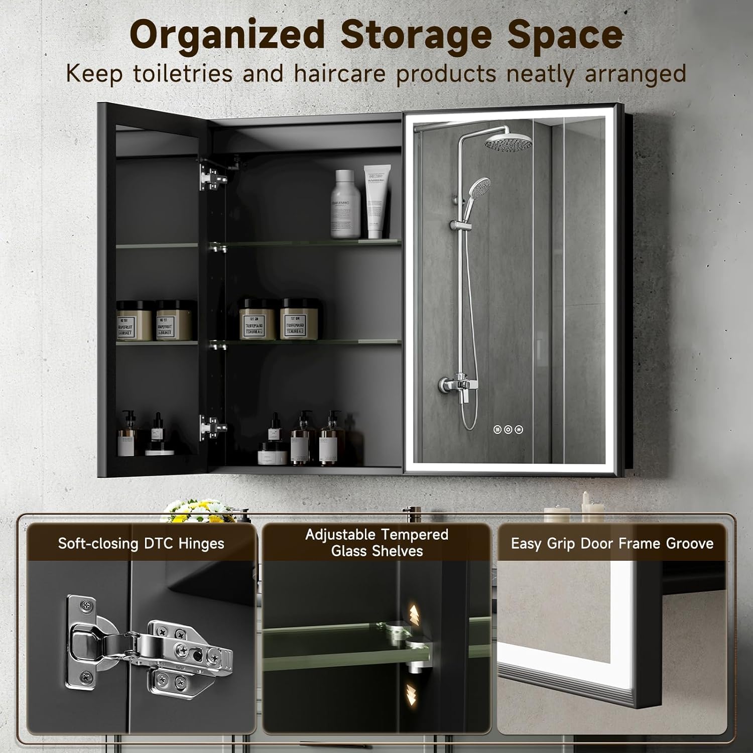 24X30 Inches Framed Medicine Cabinet with Lights, Bathroom Medicine Cabinet with 3-Color/Dimmable, Anti-Fog, Plug-in & Hardwired, Surface Mount & Recessed