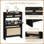 HOKYHOKY Rattan Shoe Storage Cabinet with 2 Drawers & 2 Flip Drawers – Hidden Slim Shoe Organizer for Entryway, Large Tabletop Space, Farmhouse Boho Narrow Shoe Rack, Rustic Black