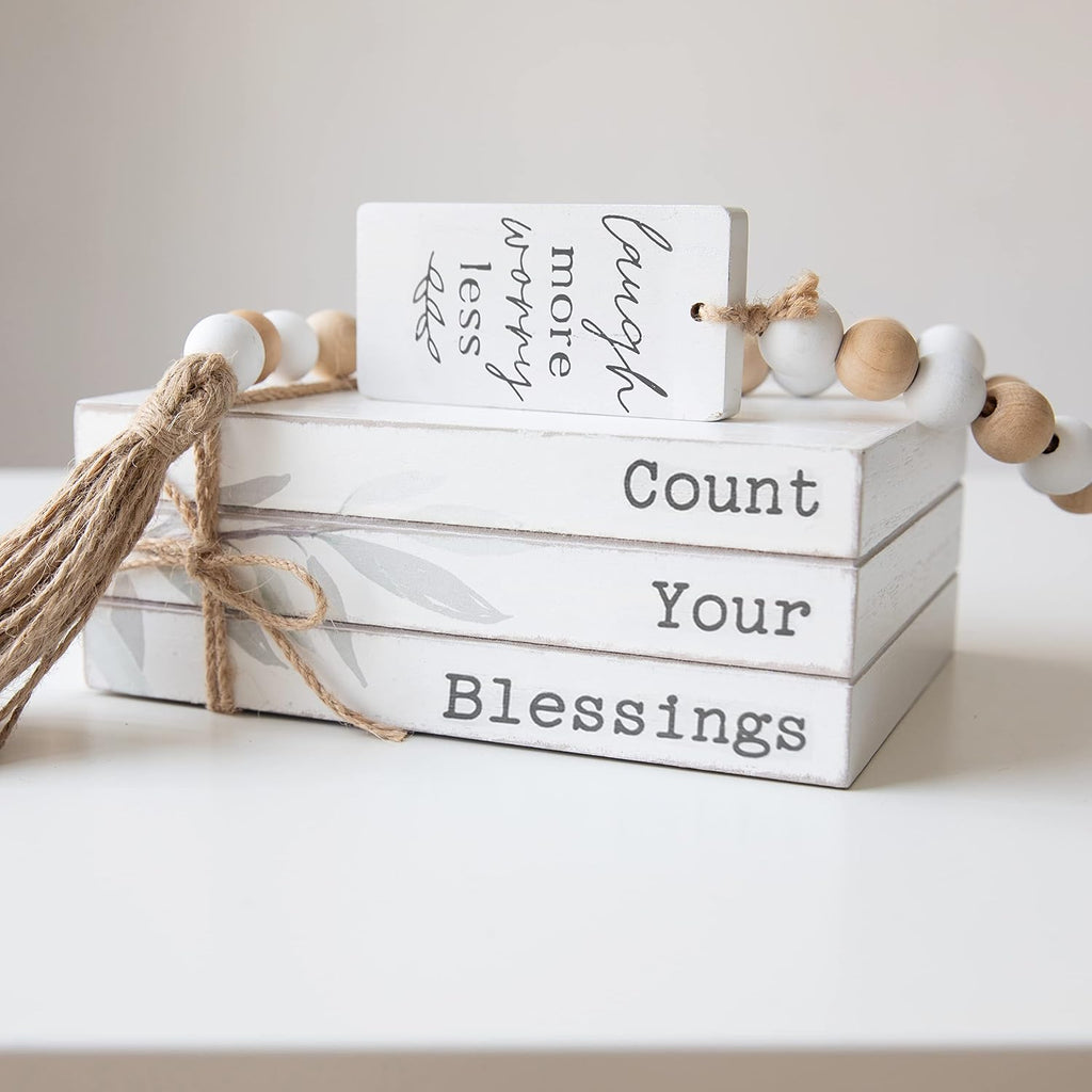 GENMOUS Faux Decorative Books Set for Home Decor, Stacked Wood Faux Books with Wood Bead for Living Room, White Decorative Books for Shelf Decor, Mantel Decor, Farmhouse Decor （Bless）