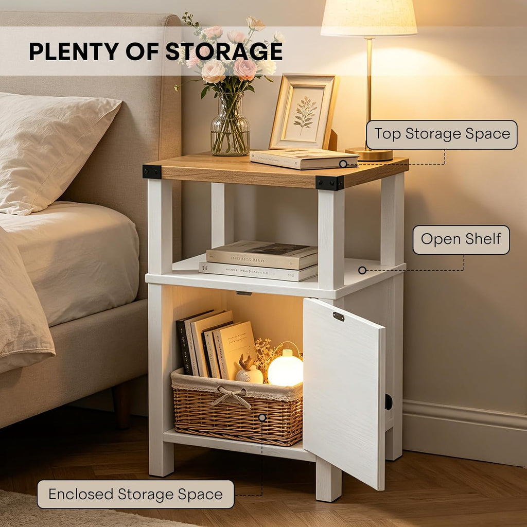 Set of 2 Farmhouse Nightstands, Sofa Side End Table with Storage, Wood Bedside Table with Barn Door for Bedroom Living Room Rustic Vintage White