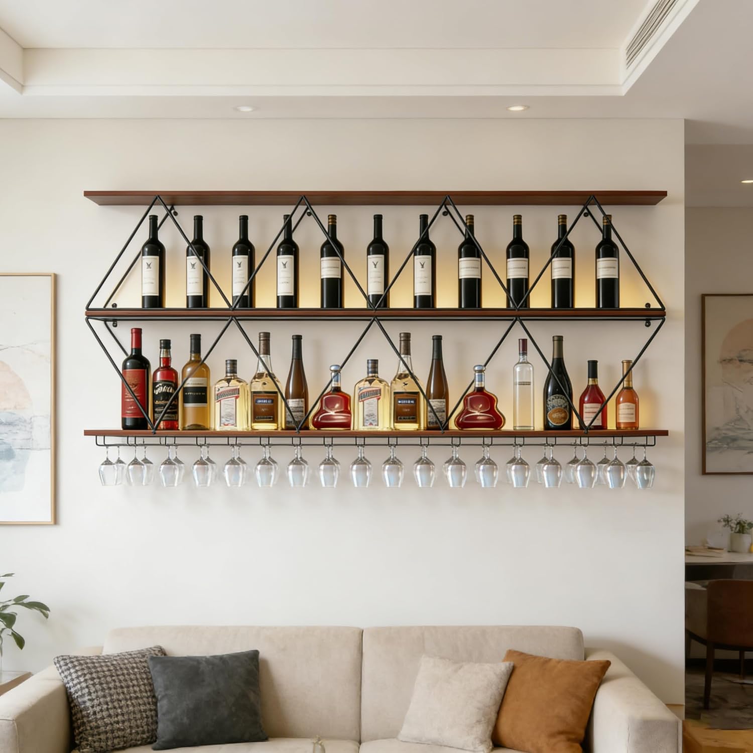 Ceiling Wine Glass Rack, Industrial Wall Mounted Wine Rack, Hanging Wine Rack, 2-Layer Iron Bottle Holder Wine Shelf with Glass Holder (Black, 71 * 7.87 * 32.7inch)