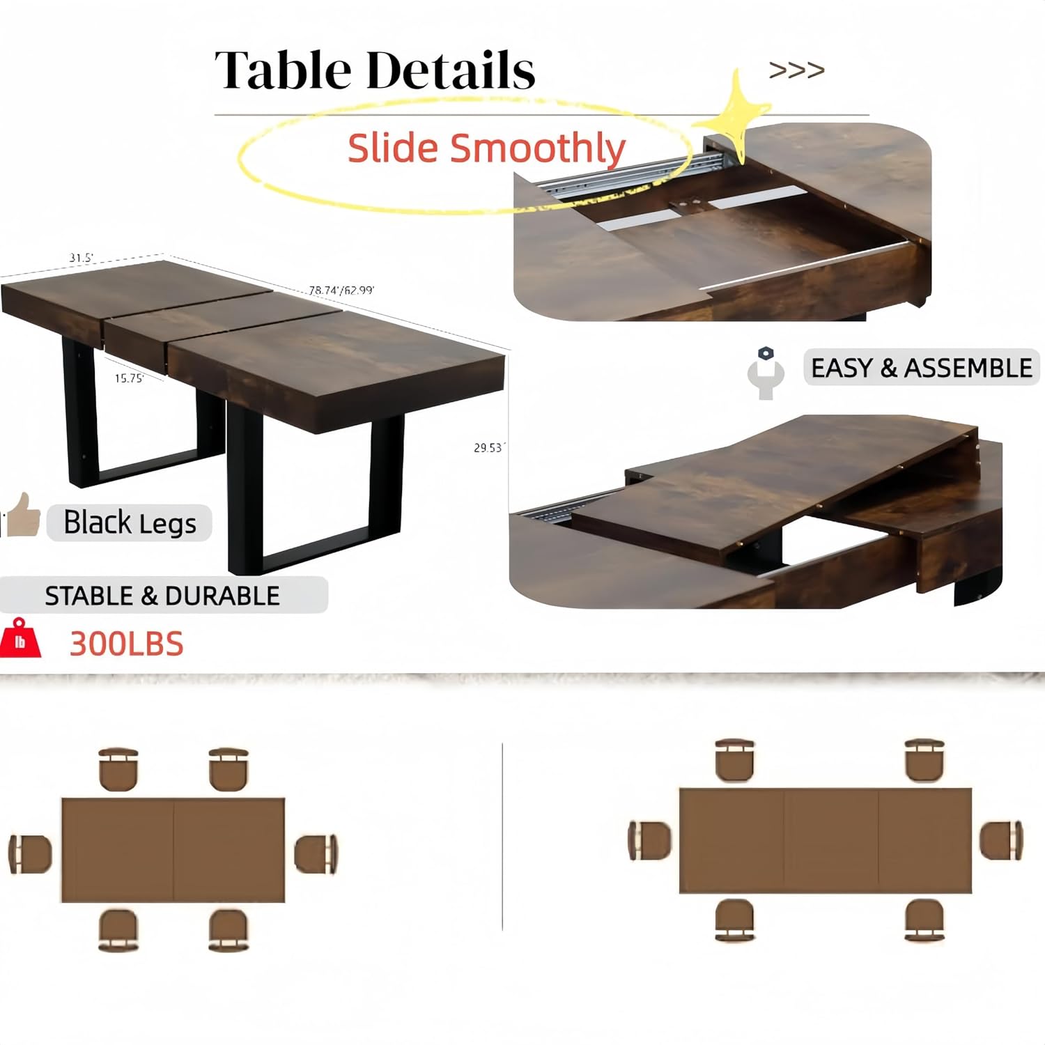 63"-79" Expandable Dining Table Set for 8, Wood Rectangle Dining Table and 8 Brown Faux Suede Chairs, Suitable for Home,Kitchen Dining Room,Farmhouse