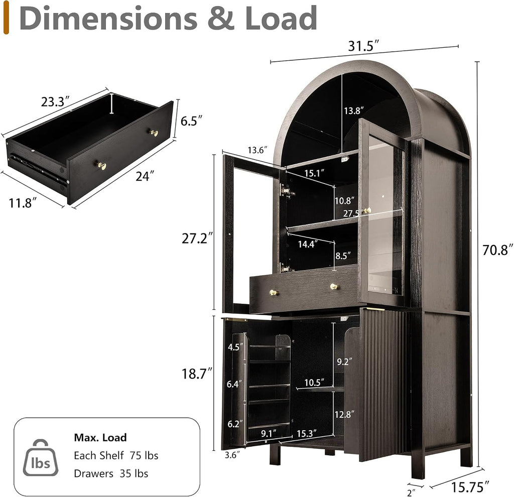 ZeHuoGe Fluted Tall Arched Pantry Cabinet with Adjustable Shelves, Elegant Display Storage with Hidden Drawer & Glass Door for Kitchen, Living Room, Dining Room (Black)
