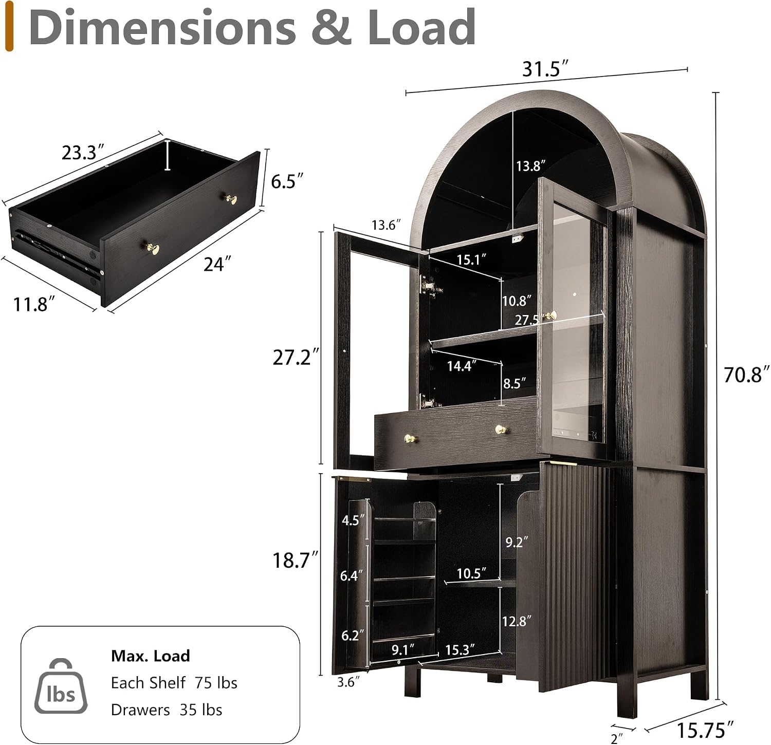 ZeHuoGe Fluted Tall Arched Pantry Cabinet with Adjustable Shelves, Elegant Display Storage with Hidden Drawer & Glass Door for Kitchen, Living Room, Dining Room (Black)