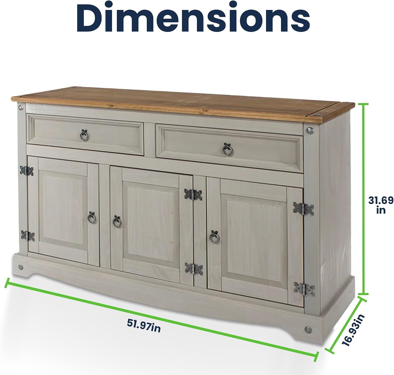 Furniture Dash Rustic Gray Console Cabinet – Solid Wood Buffet with 3 Drawers & Doors, 52" Wide Storage Unit for Dining Room, Bar, or Kitchen Decor