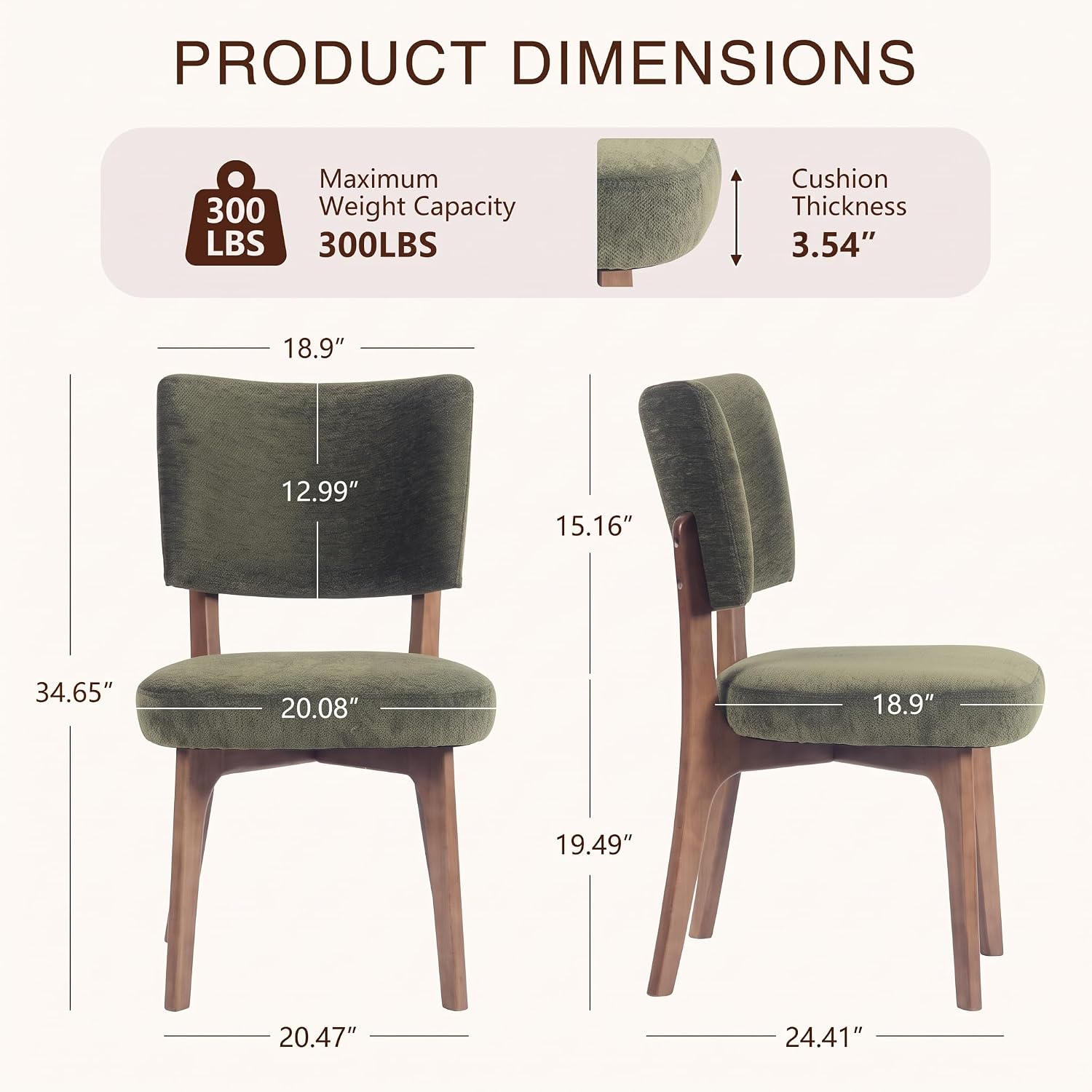 YOUNIKE Wooden Dining Chair, Chenille Fabric Upholstered Dining Room Chair Kitchen Side Chair, Farmhouse Dinner Chair with Solid Wood Legs for Kitchen Dining Vanity, Green (Single Pack)