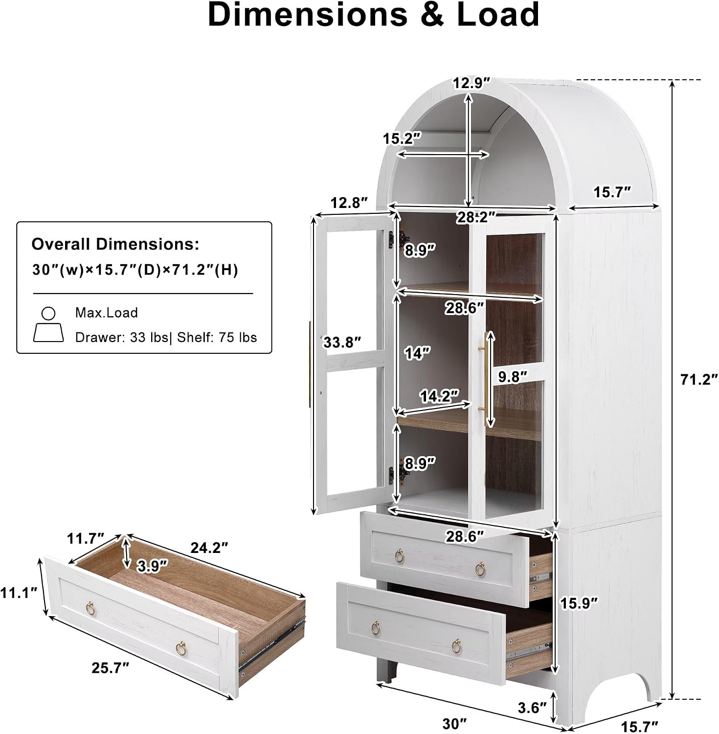 71" Tall Arched Kitchen Pantry Cabinet with 2 Large Drawers, Modern Farmhouse Kitchen Storage Cabinets with Adjustable Shelves, Glass Door, Wood Versatile Cupboard for Kitchens, Dining Room, White