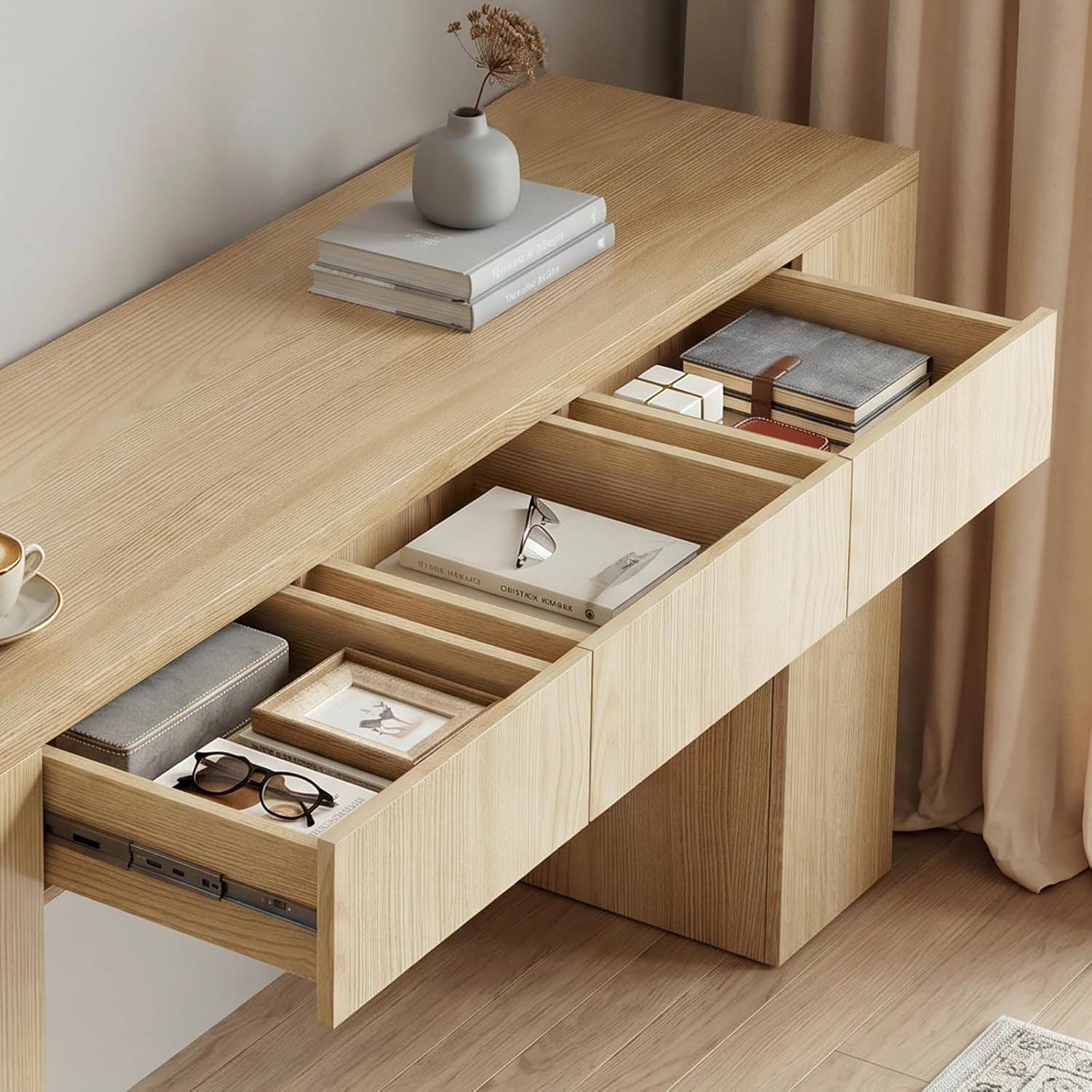 Entryway Table with 3 Drawers and Charging Station, 63" Console Table with LED Lights & Side Storage, Narrow Wooden Sofa Tables for Hallway, Foyer, Living Room, Natural Oak