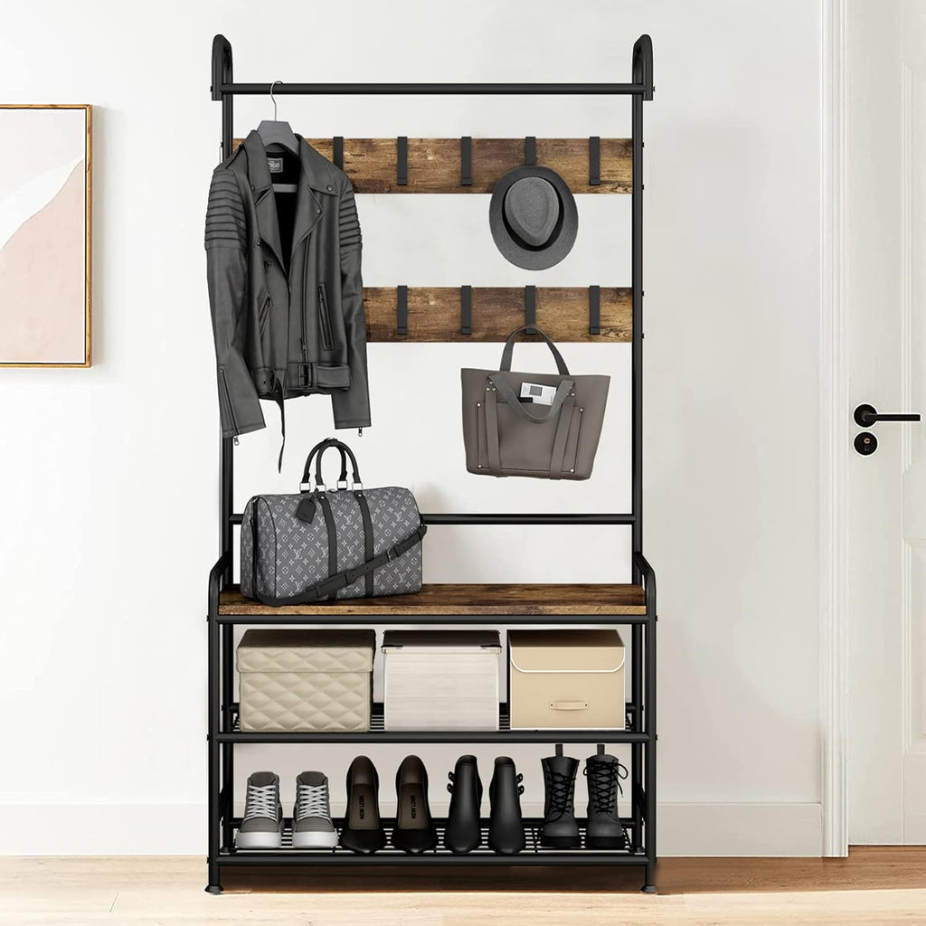 LINZINAR Coat Rack Hall Tree with Bench and Shoe Storage 3 in 1 Entryway | Stand Alone Coat Hanger Shoe Shelf Coat and Shoe Rack Entryway Hall Tree for Entrance Hallway Doorway Front Door