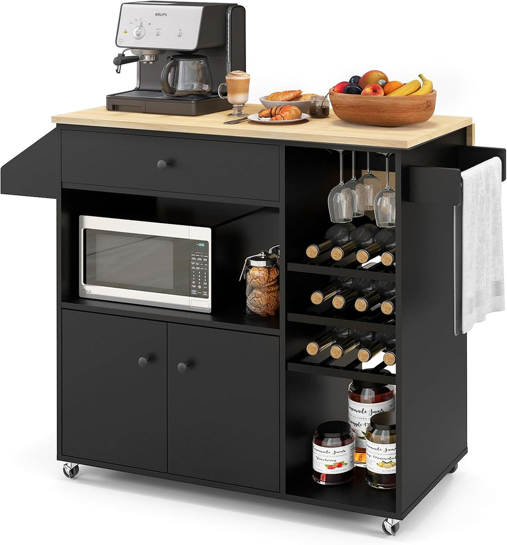 TANGZON Kitchen Island on Wheels, Rolling Kitchen Storage Trolley with Drop Leaf Worktop, Drawer, Wine Rack, Glass Holder, Open & Adjustable Shelf, Utility Bar Serving Cart Sideboard (Black)