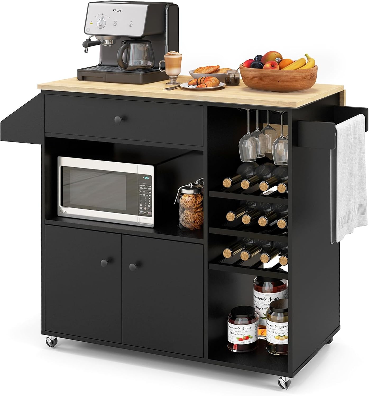TANGZON Kitchen Island on Wheels, Rolling Kitchen Storage Trolley with Drop Leaf Worktop, Drawer, Wine Rack, Glass Holder, Open & Adjustable Shelf, Utility Bar Serving Cart Sideboard (Black)