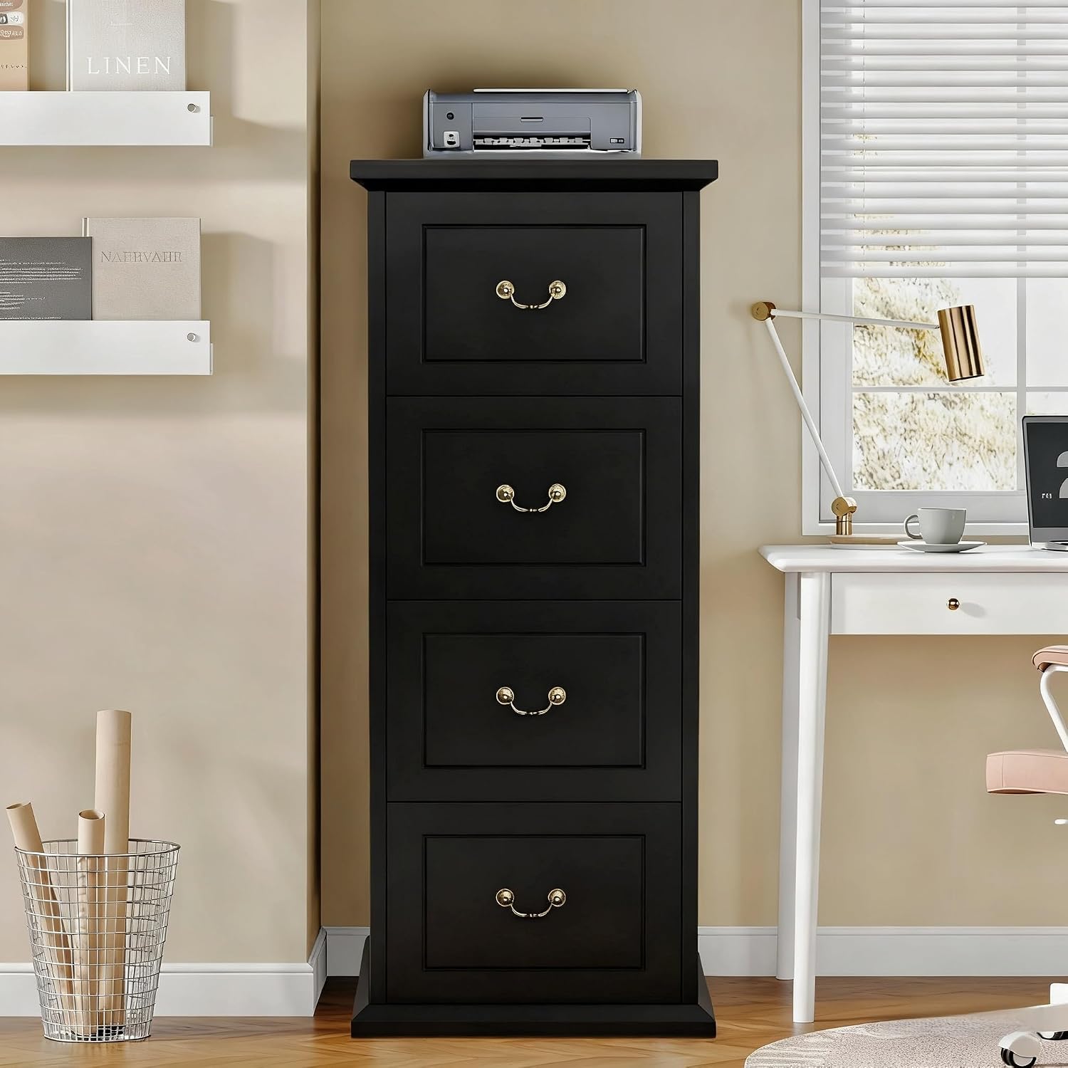 Tribesigns 4-Drawer File Cabinet, Tall Wood Filing Cabinet for A4/Letter/Legal Files, Vertical File Storage Printer Stand with Hanging Rails for Home Office, Black