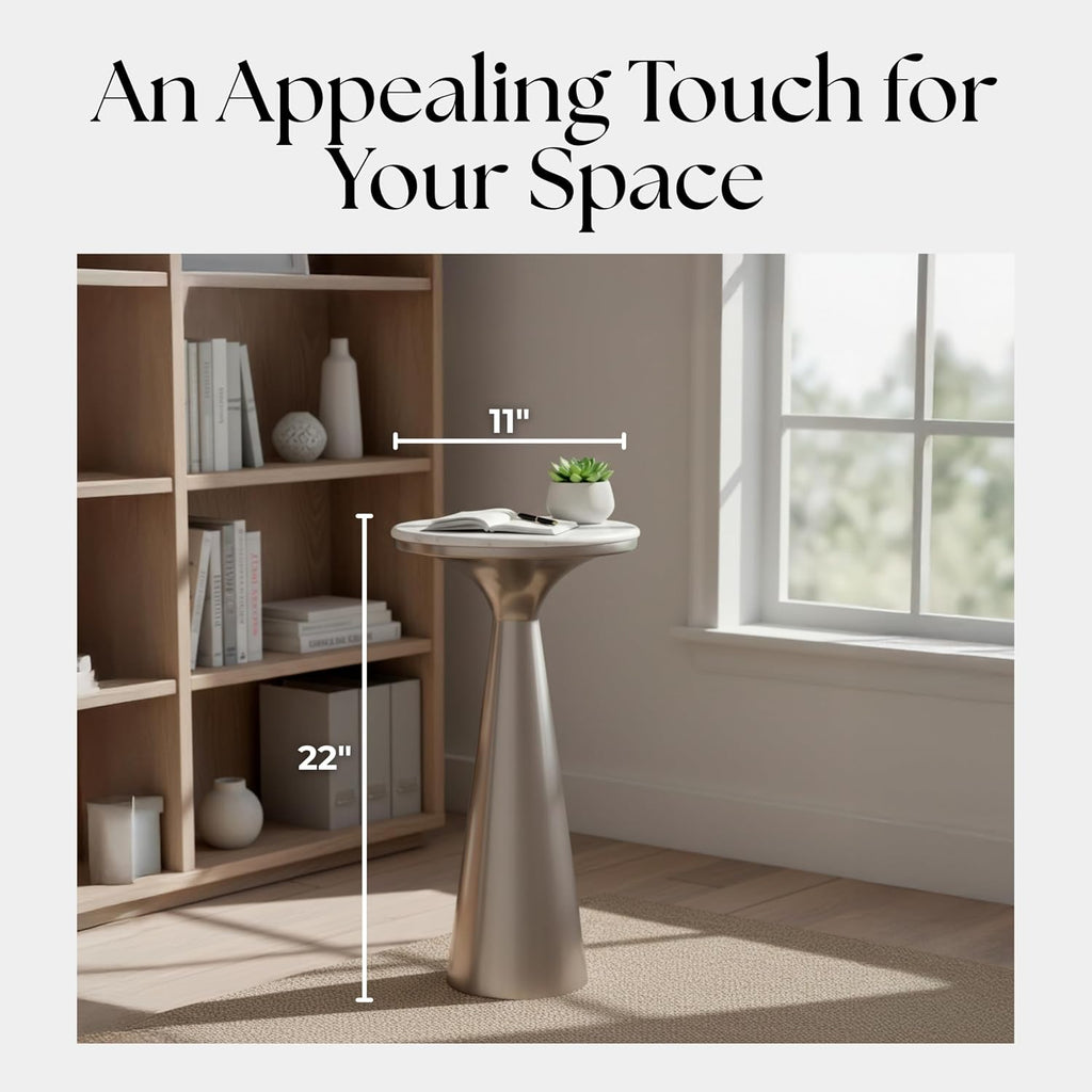 Metal Accent Table with Marble Top - Modern Round Side Table for Living Room and Bedroom - Tapered Base - Indoor Use Only - Marble and Metal Home Decor - Living Room Accent – 22", Silver