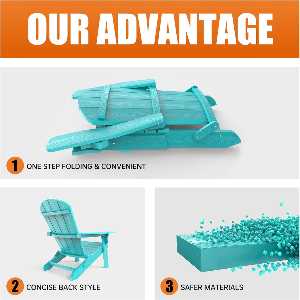 YEFU Adirondack Chair Set of 2, Folding Oversized Plastic Adirondack Chair with Cup Holder, Lawn Chair with Weather Resistant for Outdoor Deck Garden, Weight Capacity Up to 400 Lbs–Aruba