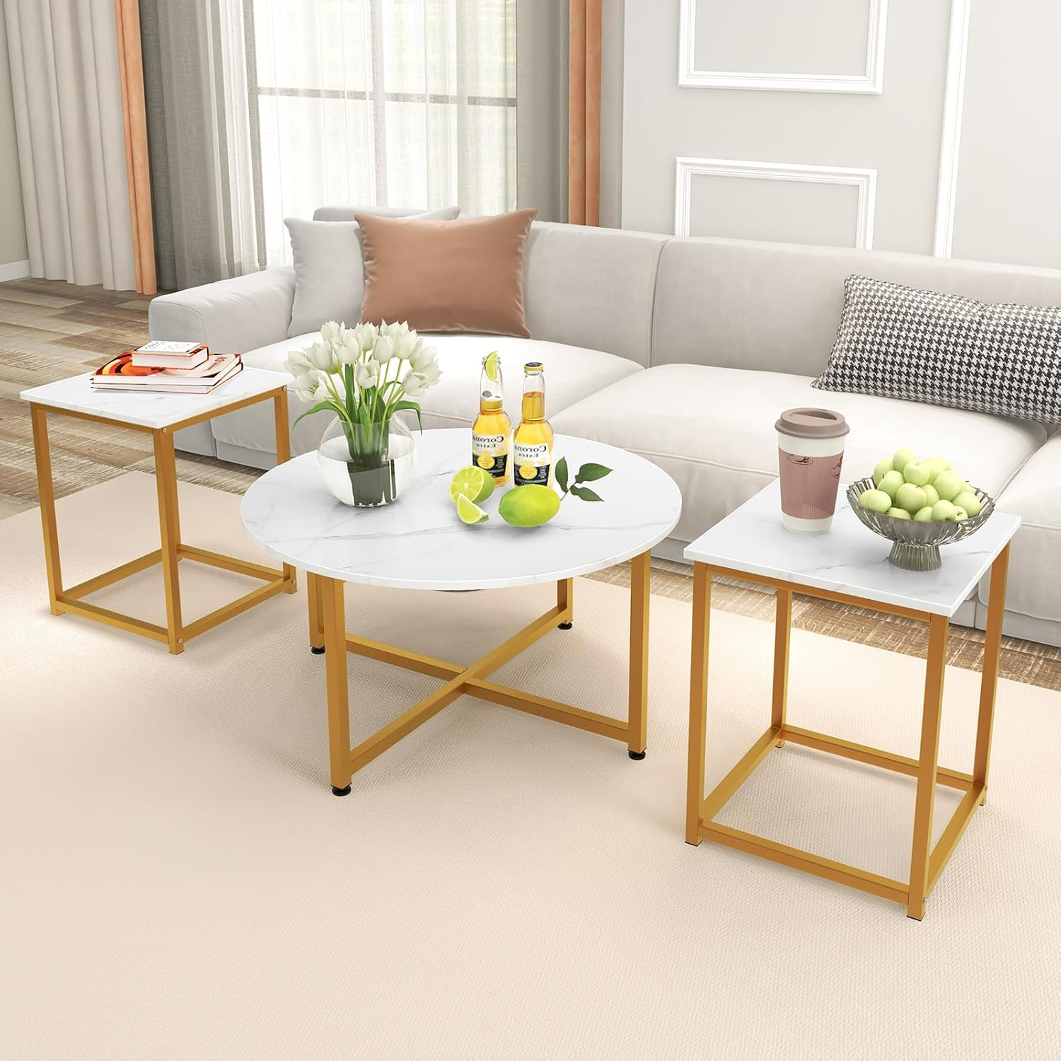 COSTWAY Coffee Table Set of 3, Round Faux Marble Coffee Table and 2 Square End Side Tables with Metal Frame, Modern 3-Piece Living Room Tables Set for Small Space, Apartment (White & Gold)