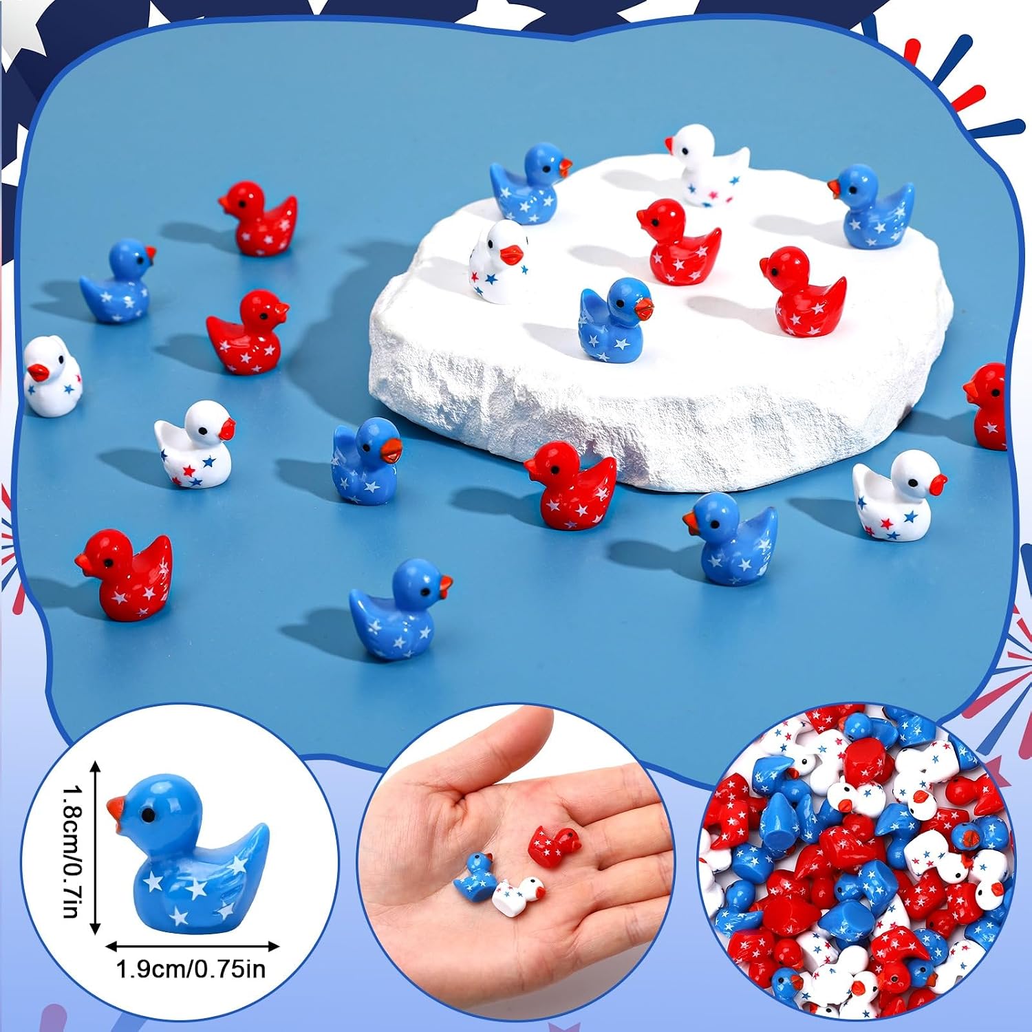 JUNEBRUSHS 120 Pcs Patriotic Ducks Mini Resin Ducks Figures 4th of July Decor Red White Blue Mini Resin Ducks for 4th of July Vase Filler Gifts Tabletop Micro Landscape Party Home Decorations
