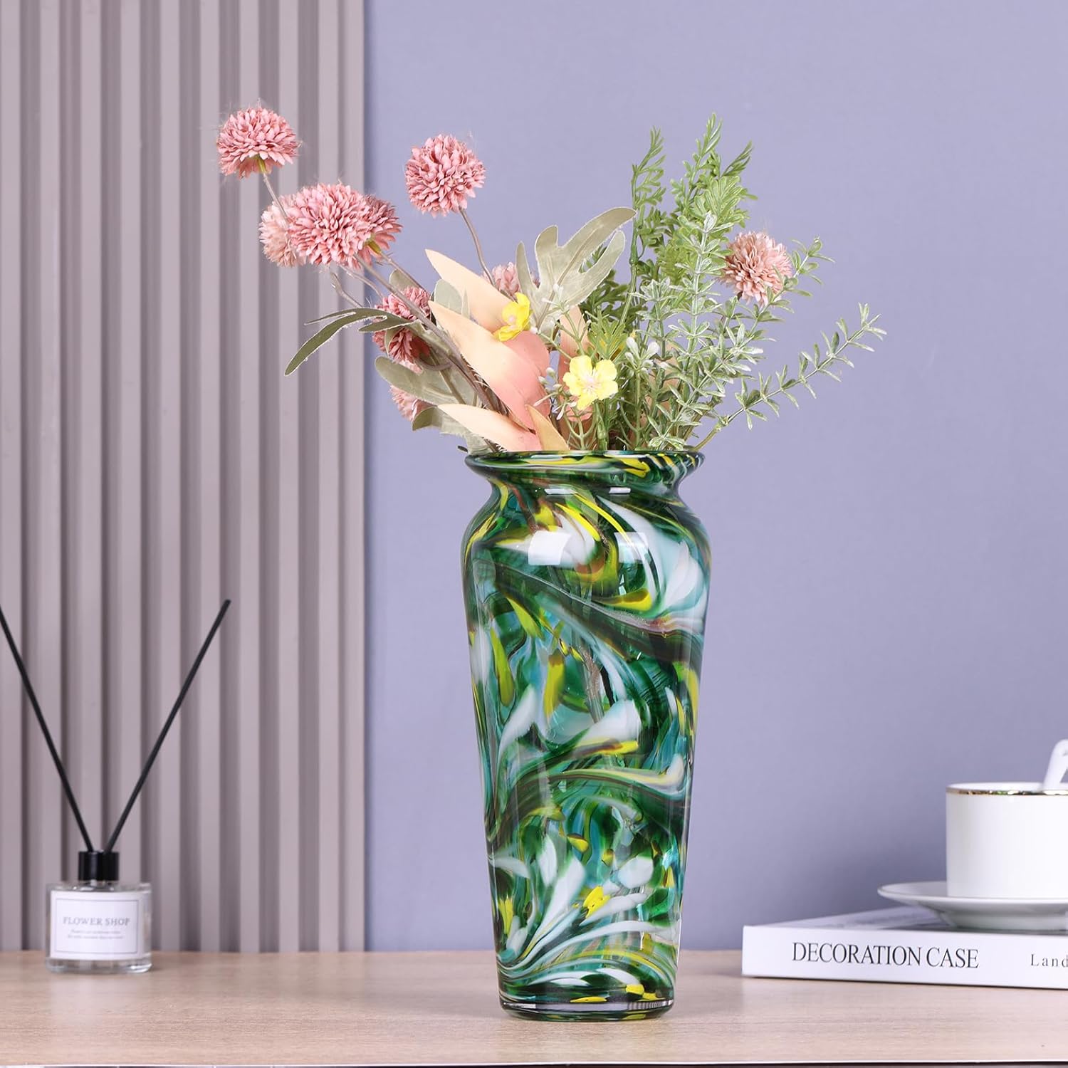 Green Hand Blown Glass Vase – Tall Speckled Decorative Centerpiece in Murano Style for Dining Table, Coffee Table, Mantel, Entryway, or Bookshelf in Coastal or Modern Decor (Green)