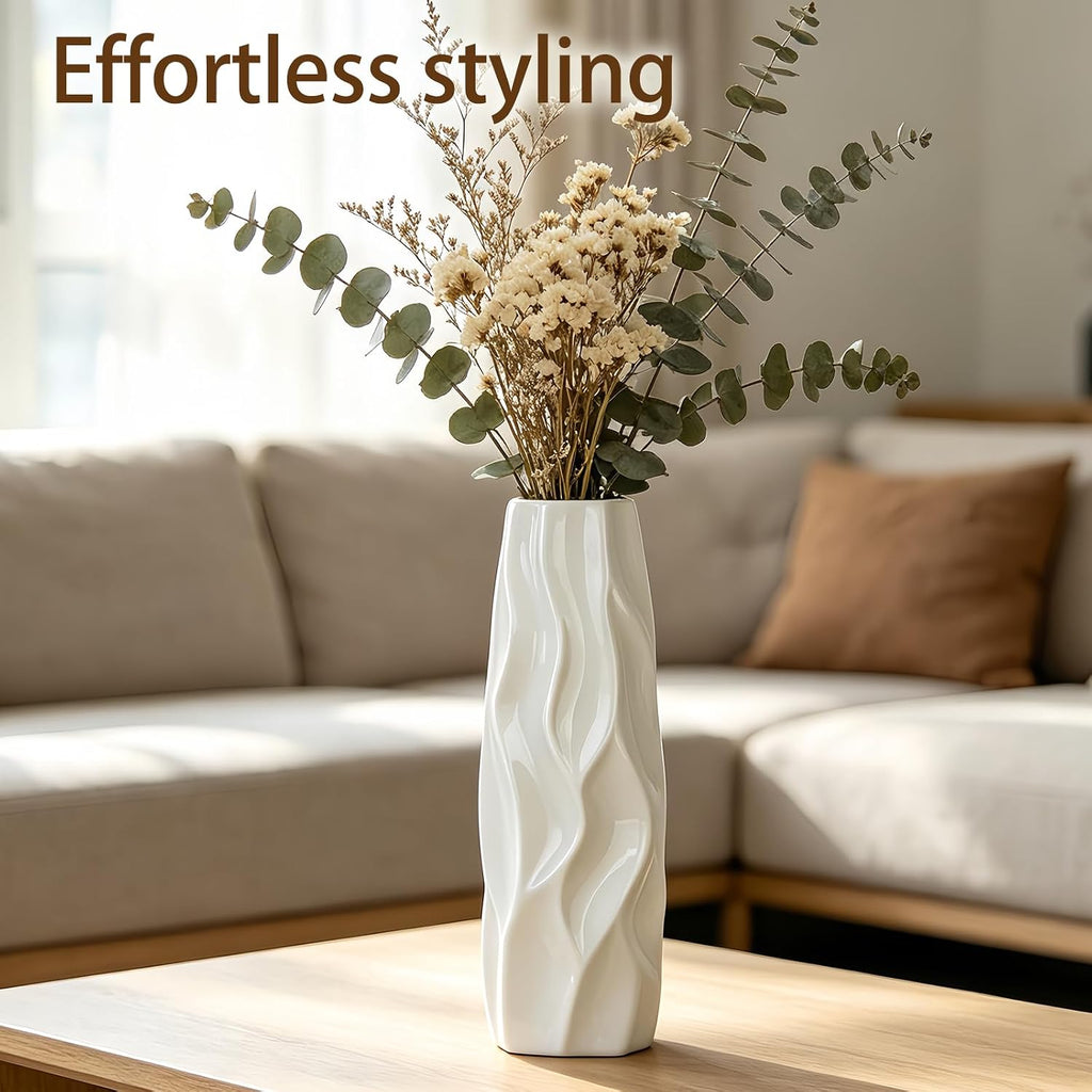 12 Inch White Vase Ceramic Flower Vase, Tall Vases for Pampas Grass, Home Decor, Modern Textured Vases for Living Room Decorations,Table Centerpieces,Shelf,Farmhouse Small Ceramic Vase