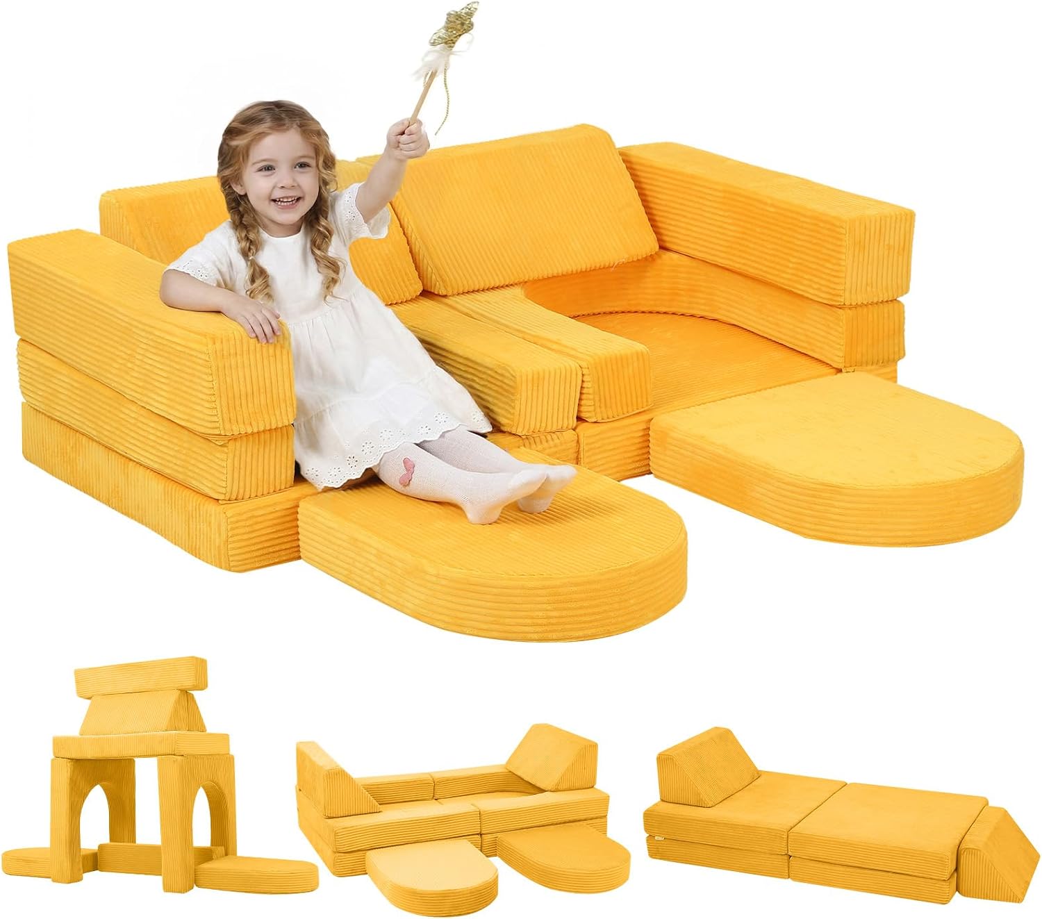MeMoreCool Stylish Corduroy 10-Piece Kids Play Couch, Modular Foam Toddler Couch Fort Building Set, Convertible Sofa with Washable Covers for Playroom and Bedroom, Mustard Yellow