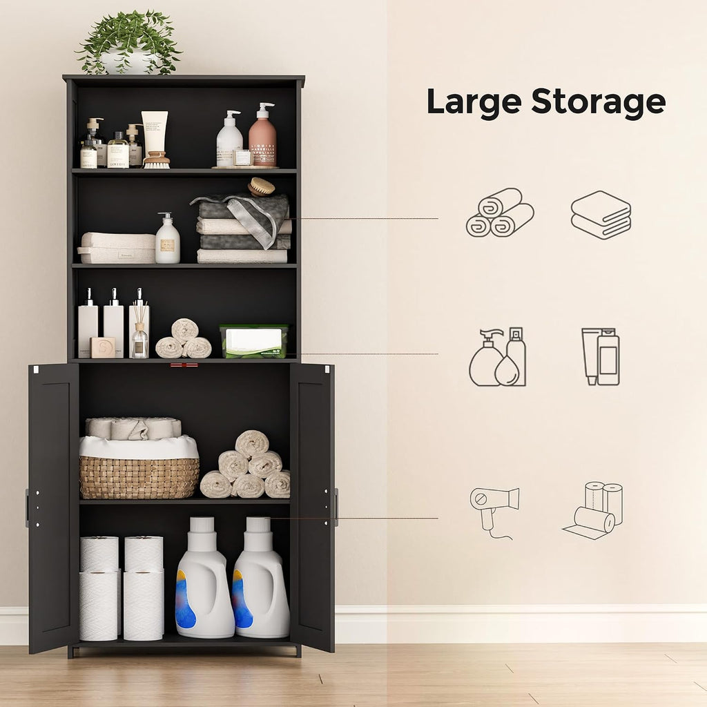 Homhedy 67" Tall Bathroom Storage Cabinet, Freestanding Farmhouse Cabinet with 2 Doors and Adjustable Shelf, Bathroom Organizers and Storage for Kitchen, Living Room, Laundry Room, Black