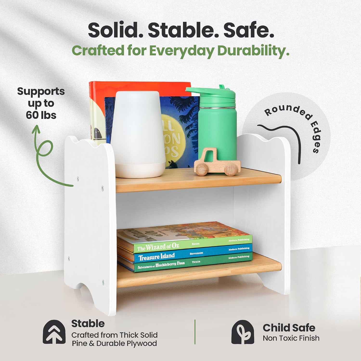 Ocodile The Original Kids Nightstand for Floor Beds, Solid Wood Small Bedside Table with Book Pocket, Low Tiny Nightstand for Nursery, Toddler & Kids Room, Montessori Style Side Table - White