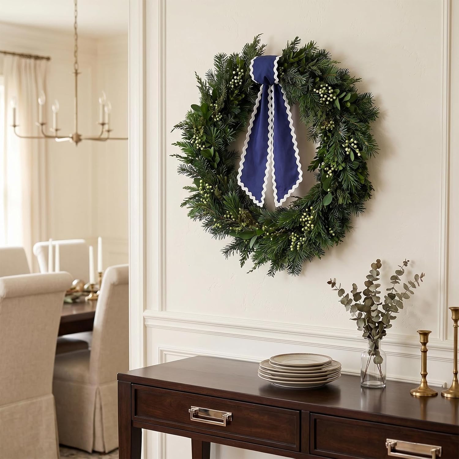 Wreath Sash for Front Door Blue Cotton Wreaths Satin Sash Burlap Garland Ribbon Accessories for Wreath Yard Doorway Indoor Outdoor Bow Bridal Shower Home Decor,5.11 x 55.1