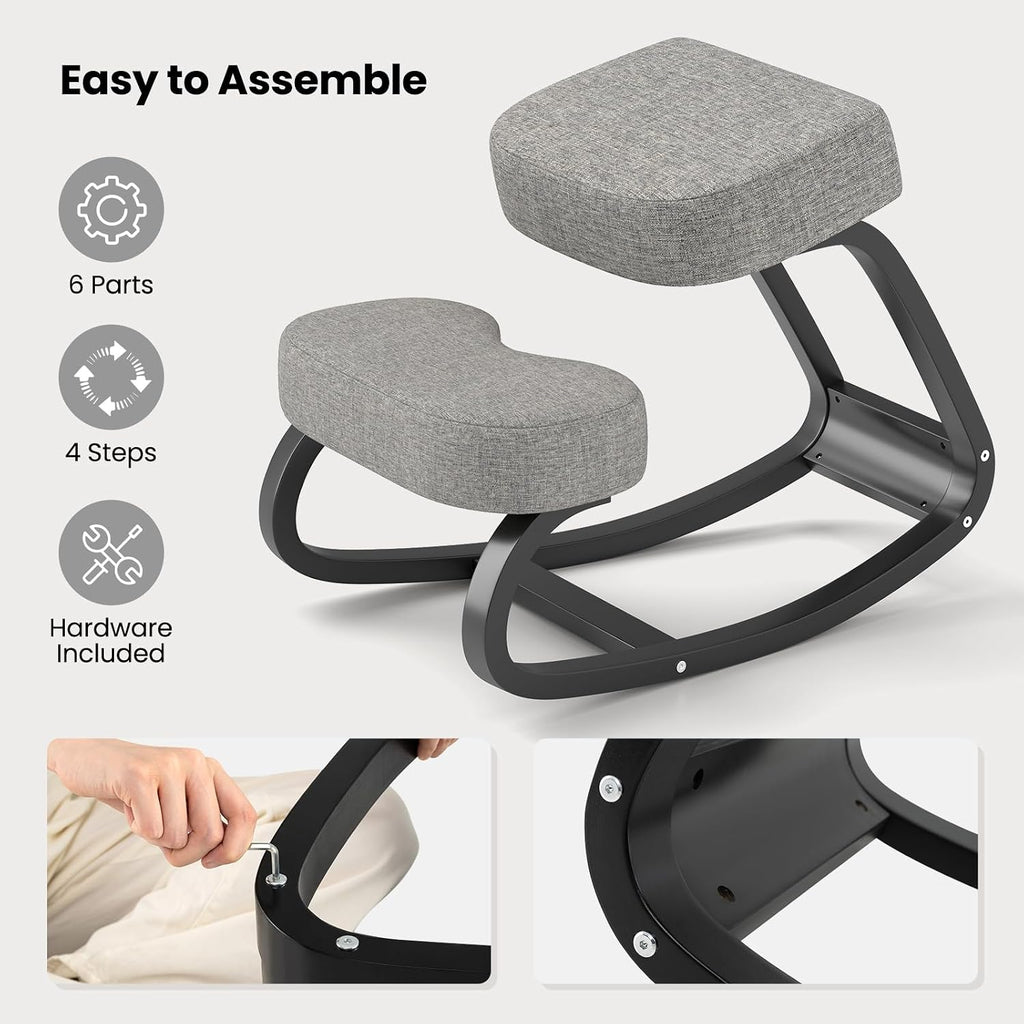 Goplus Ergonomic Kneeling Chair, Rocking Upright Posture Chair with Soft Seat & Knee Pads, Wooden Backless Knee Chair Relieves Neck Back Pain for Home Office Study, Gray and Black
