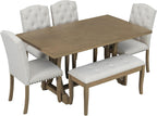 Mirightone Farmhouse Dining Table Set for 6, Dining Table with Bench and Chairs, 6 Piece Kitchen Table Set Solid Wood Dining Room Set with Trestle Table Legs (Natural Wood Wash)