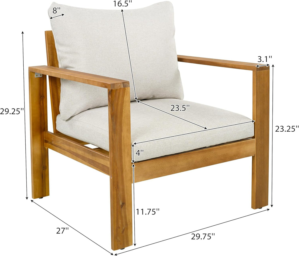 Merax 2 Piece Outdoor Patio Single Acacia Wood Chair with Water-Repellent Cushion, Transitional Lounge Armchair for Garden, Deck & Poolside