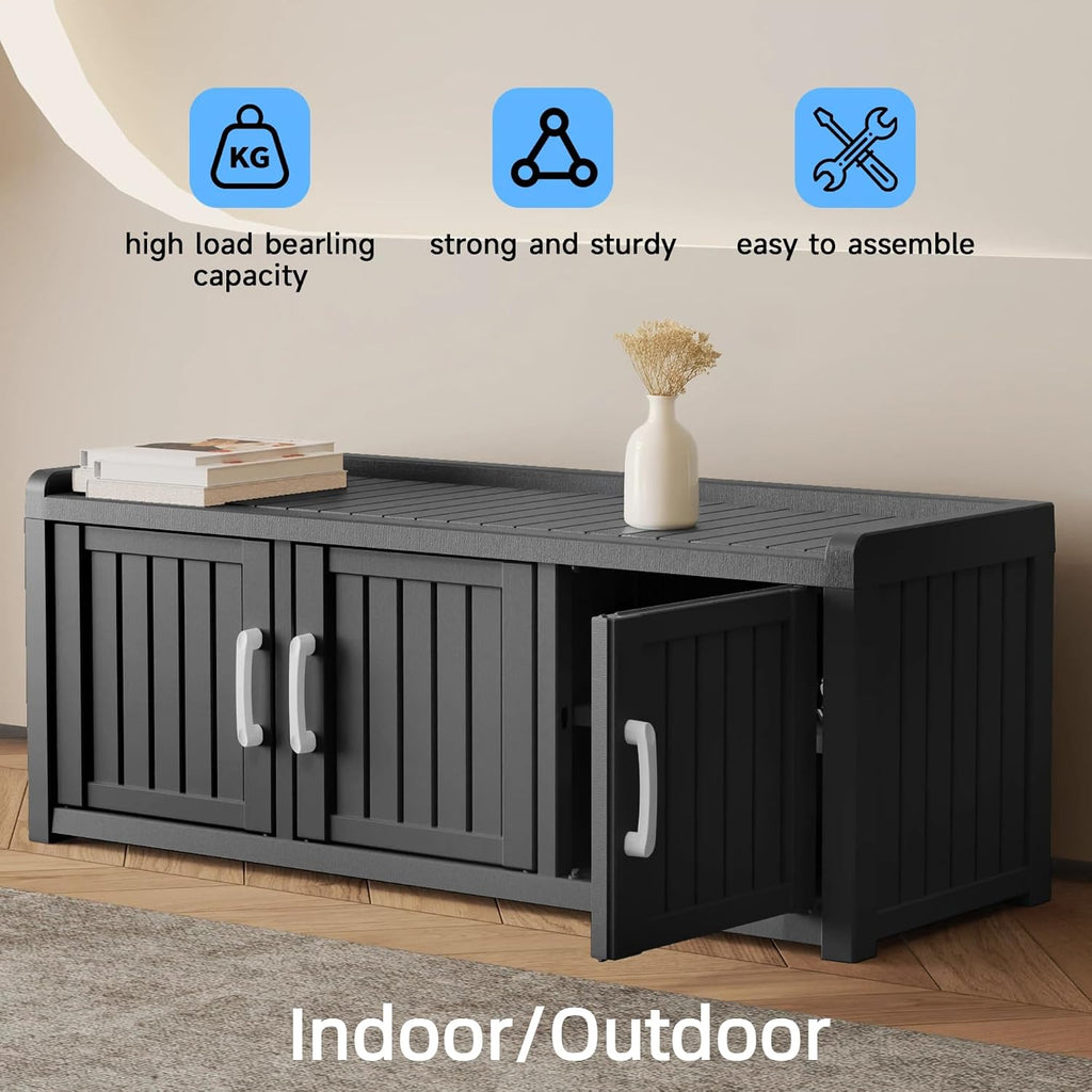 3 Doors Shoe Bench, Waterproof & UV-Resistant, Resin Shoe Cabinet Indoor & Outdoor Use, Entryway Bench with Adjustable Shelves & Hidden Storage Space for Bedroom, Hallway, Black