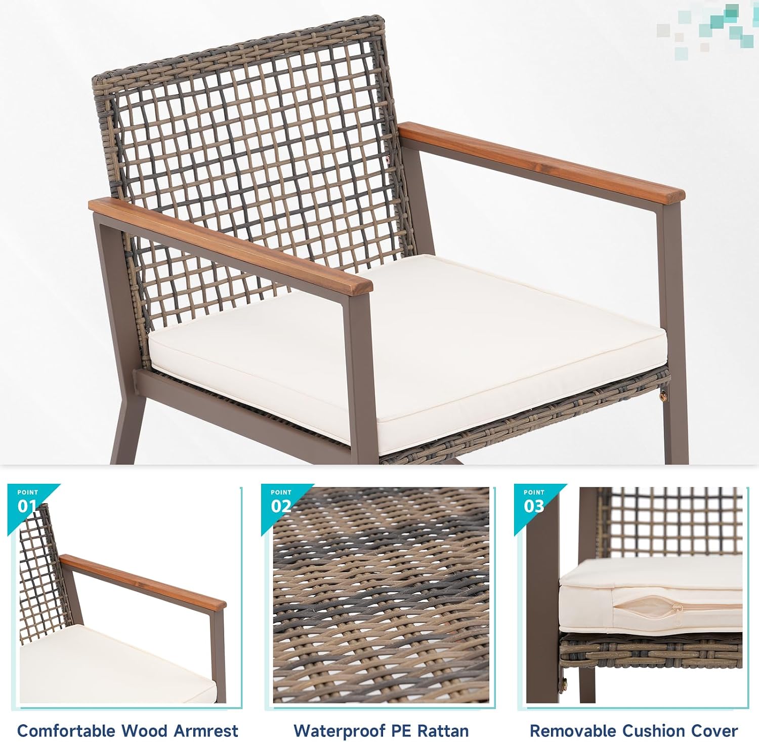 Verano Garden 3 Pieces Rocking Bistro Set, Outdoor Conversation Bistro Chairs and Table Set with Wood Armrest and Soft Cushions, Small Porch Set Balcony Set for Garden, Patio, Yard