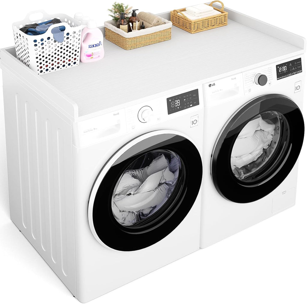 Aheaplus Washer and Dryer Countertop, Laundry Room Organization with Non-Slip Pads, Wood Shelf Topper with Round Corner Edge Rails, Folding Organizer for Laundry, 54" W x 27.5" D, White