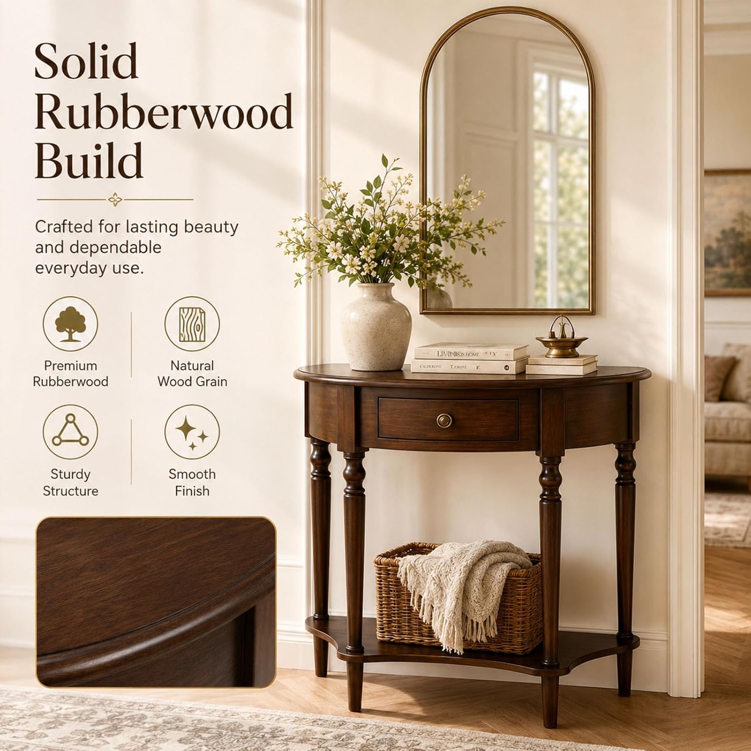 Half Moon Console Table with Drawer & Shelf, Half Round Wood Entryway Table, Narrow Small Console Table for Hallway, Foyer, Living Room & Small Spaces, （Dark Walnut 23.6IN）