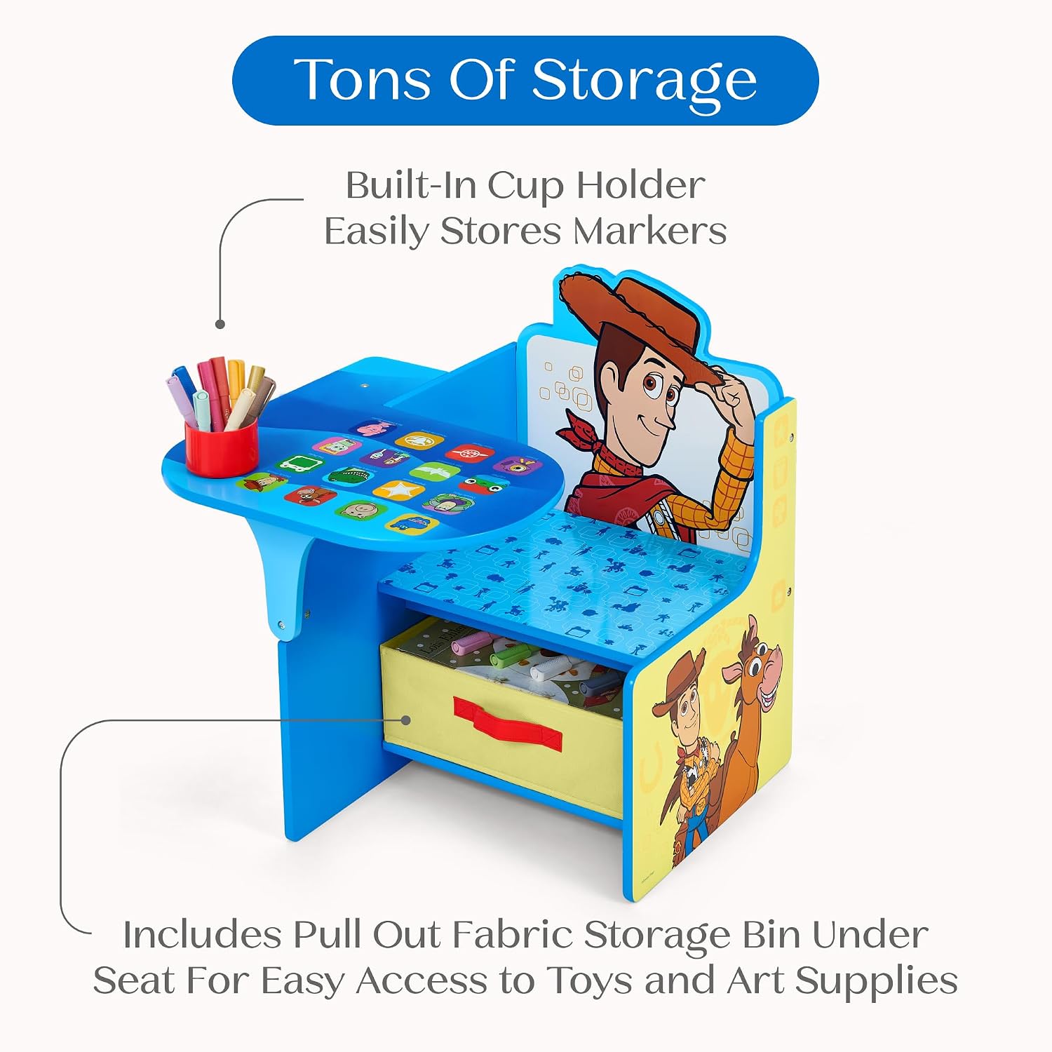Delta Children Chair Desk with Storage Bin, Toy Story 5 | Kids Chair Desk Includes Fabric Storage Bin and Cup Holder, Low to the Ground for Easy Access, Ideal for Toddlers/Kids Age 3+