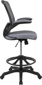 EMMA + OLIVER Mid-Back Dark Gray Mesh Ergonomic Drafting Chair with Foot Ring and Flip-Up Arms