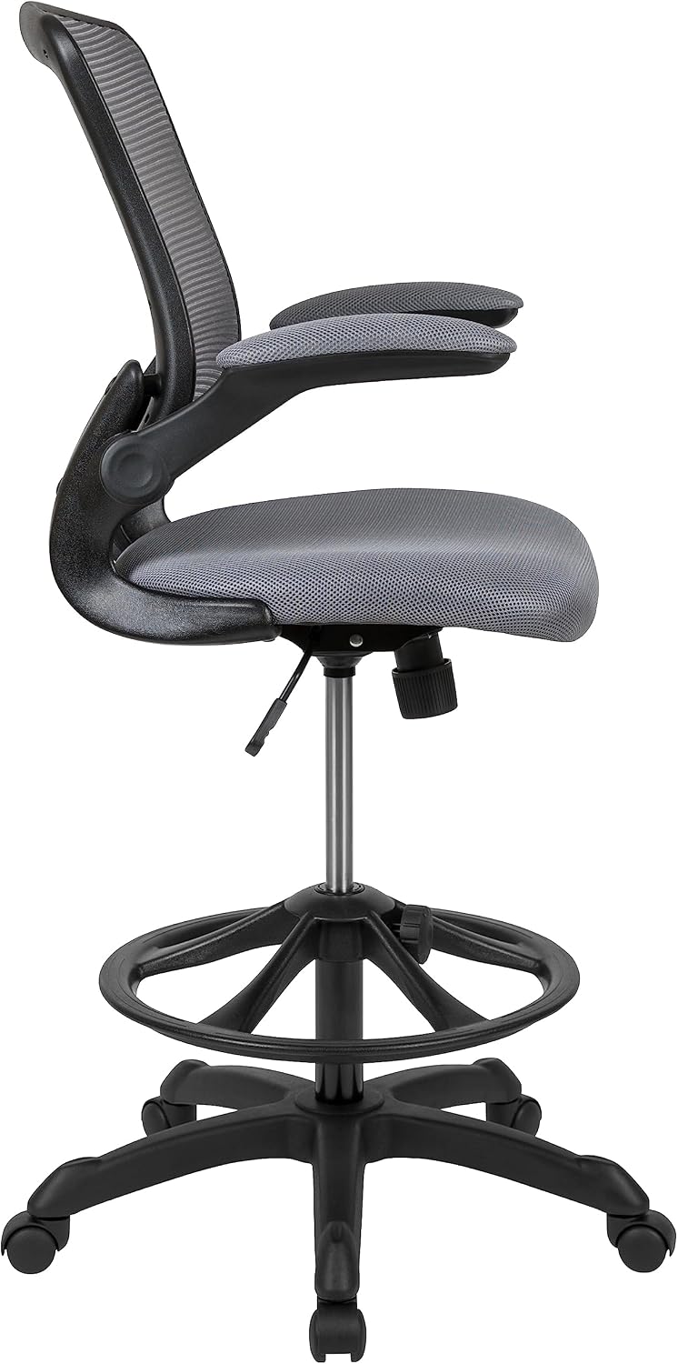 EMMA + OLIVER Mid-Back Dark Gray Mesh Ergonomic Drafting Chair with Foot Ring and Flip-Up Arms