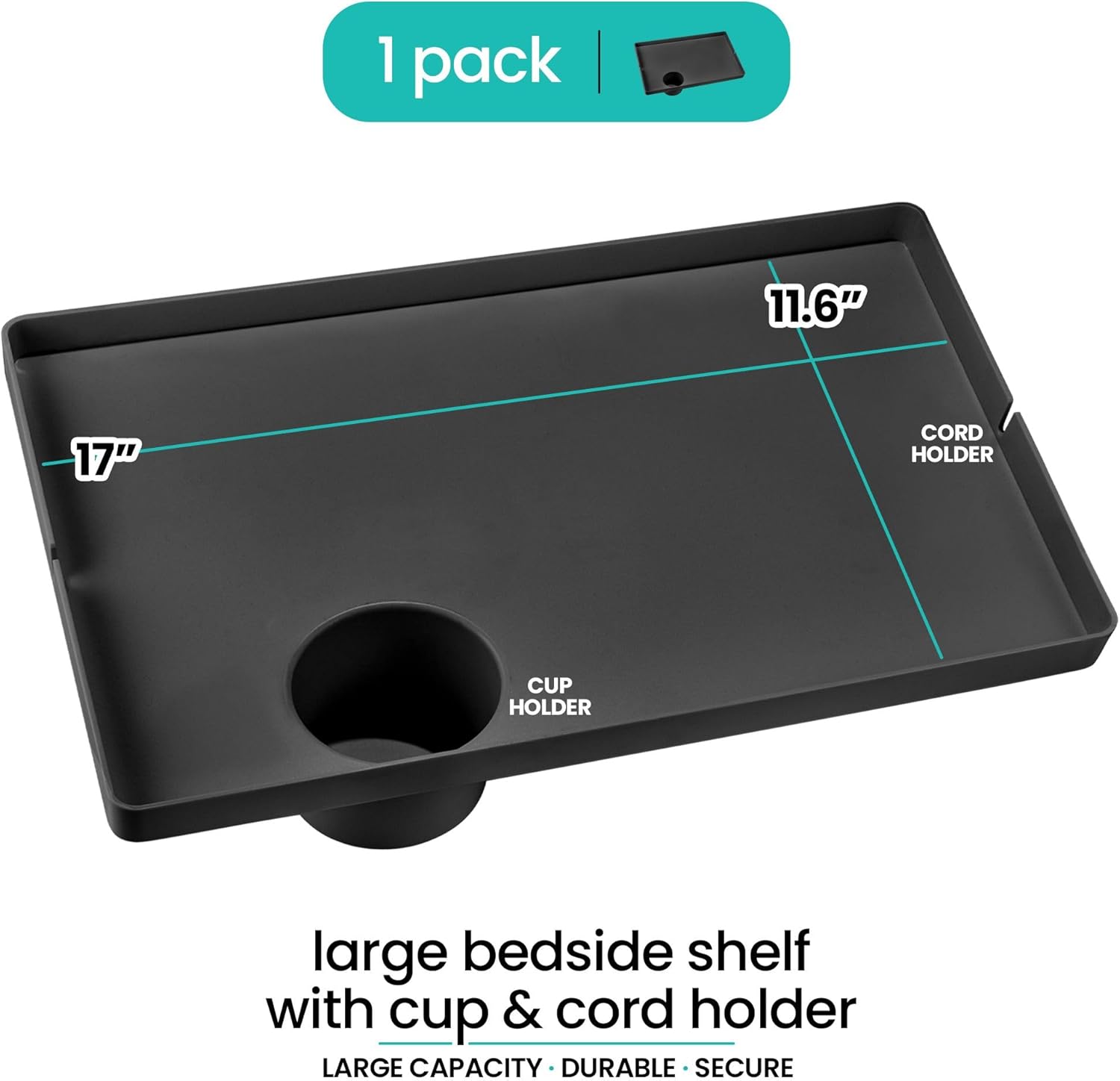 Modern Innovations Large Black Bedside Shelf for Bed, 1 Count Clip On Nightstand with Cup Holder and Cord Holder, College Dorm Bunk Bed Shelf for Top Bunk or Kids Bedroom