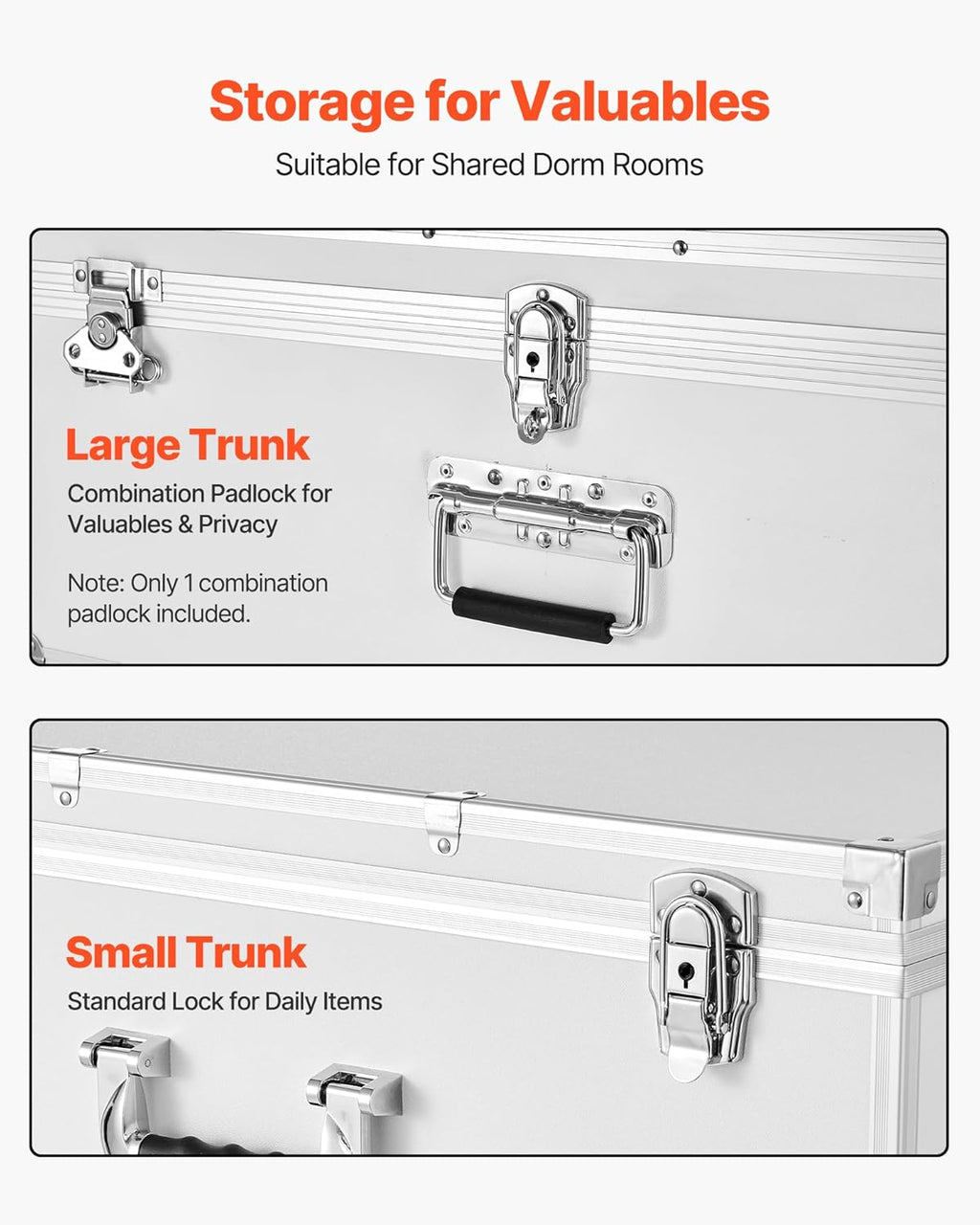 VEVOR Storage Trunk, Set of 2, Wooden Suitcase Storage Boxes with Padlocks, Large Trunk Includes Casters and 3 Metal Handles, Decorative Store Chest with Lids for Travel, Apartment, Dorm, White