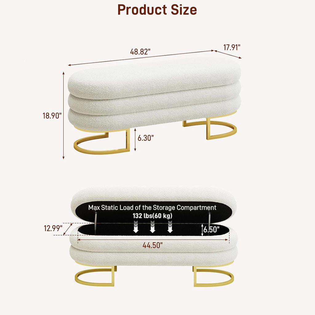 Halitaa 48.82" Storage Ottoman Bench, Large Oval Ottoman with Padded Blanket and Chest Aesthetic Upholstered Fabric Storage Bench Shoe Seat with Golden Metal Leg for Bedroom, Entryway, Living Room