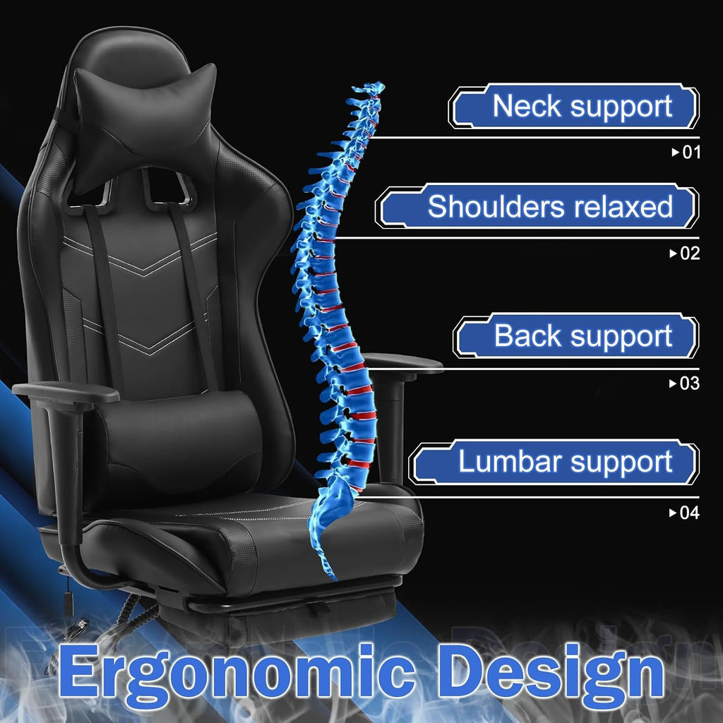 Massage Gaming Chair with Footrest - Ergonomic PC Office Chair with Lumbar Support, Headrest, Armrest - High Back PU Leather Recliner, Heavy Duty Swivel Gamer Chair, Black