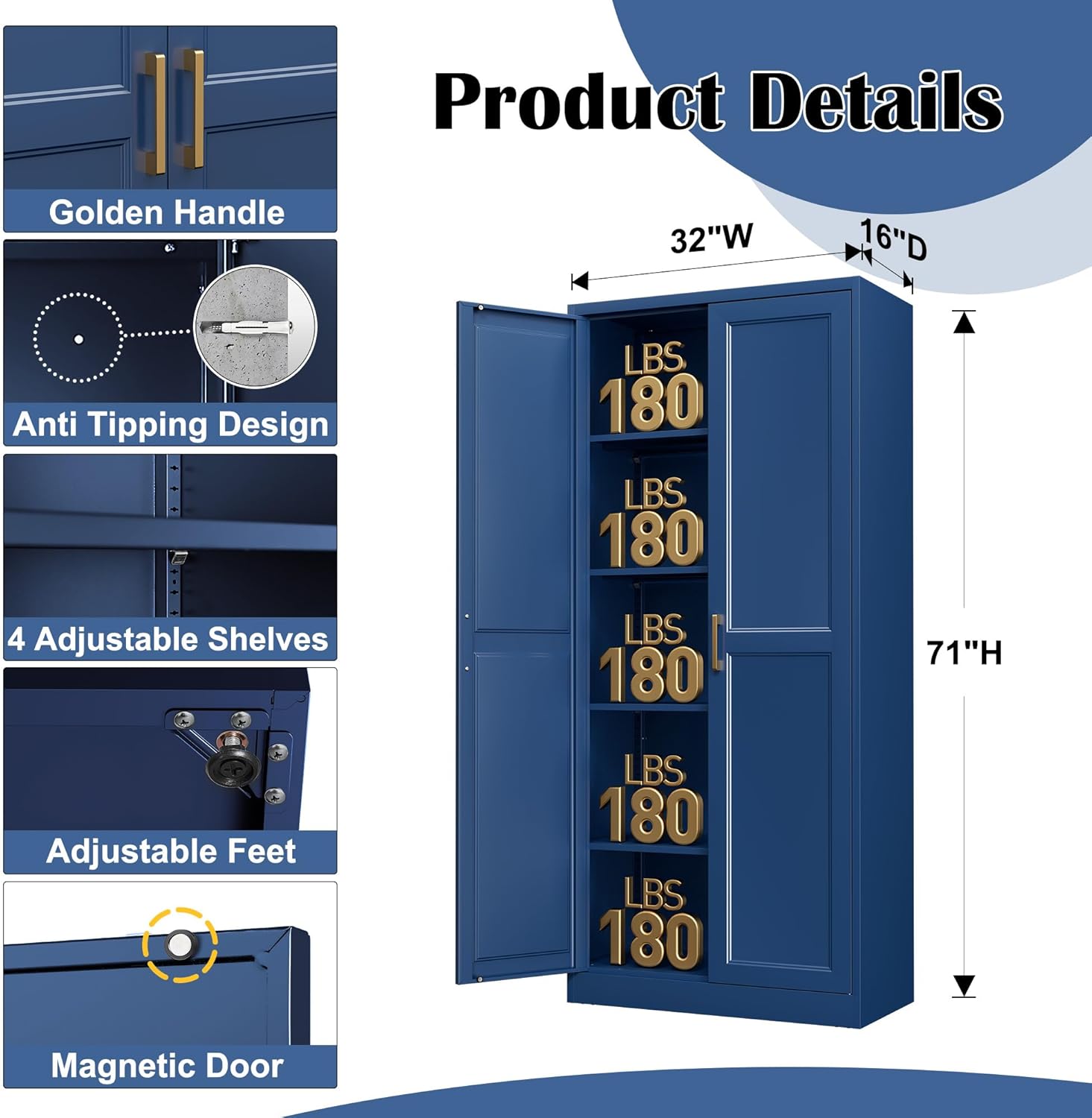 SteeLoong Kitchen Pantry Cabinet,71” Metal Pantry Storage Cabinets with Doors and 4 Adjustable Shelves,Blue Kitchen Cabinet with 2 Gold Handles,Tall Cabinet for Livingroom
