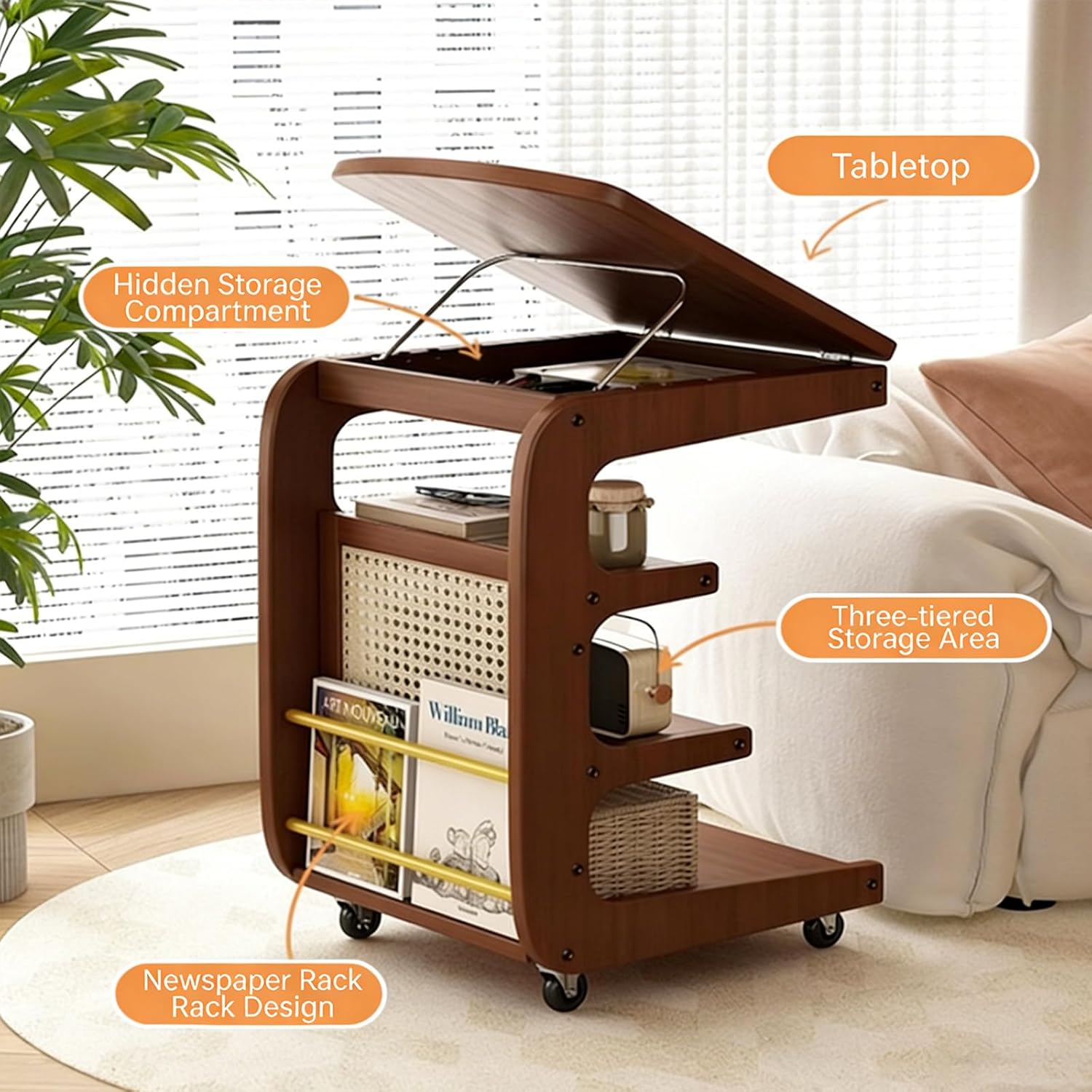 Solid Wood C Shaped End Table with Wheels,3 Layer Small Rolling Side Table Storage Rack,Couch Table with Adjustable Desktop,Mobile Storage Cabinet for Living Room and Bedroom,Brown,24.8in