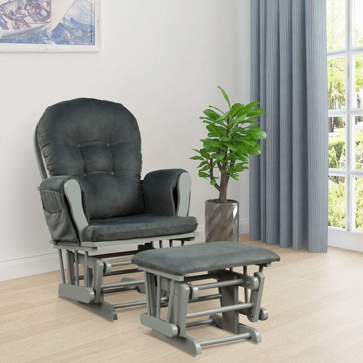 Nursery Rocking Chairs Nursery Glider Rocking Chair Wood Baby Rocker with Ottoman Cushion Upholstered Nursing Chair with Padded Arms (Gray)