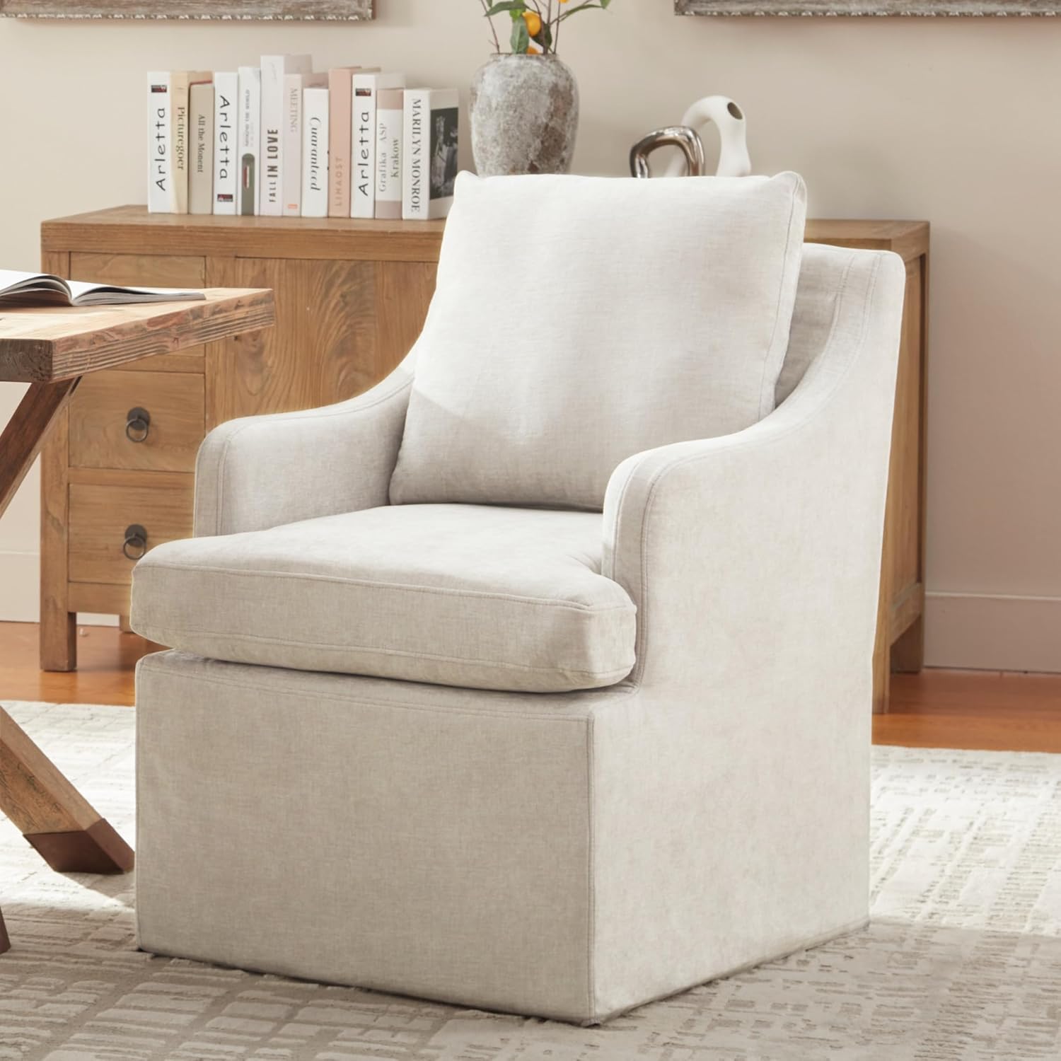 VKNOW Upholstered Dining Chairs Set of 2, Modern Kitchen Chairs Dinner Chairs with 4 Casters, Chenille Armchair for Bedroom Reading Room Living Room, Beige